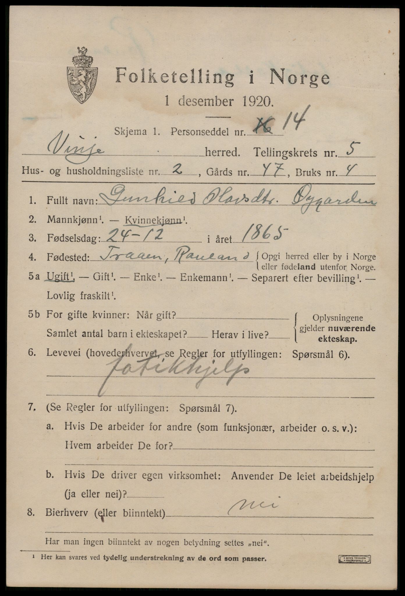 SAKO, 1920 census for Vinje, 1920, p. 1641