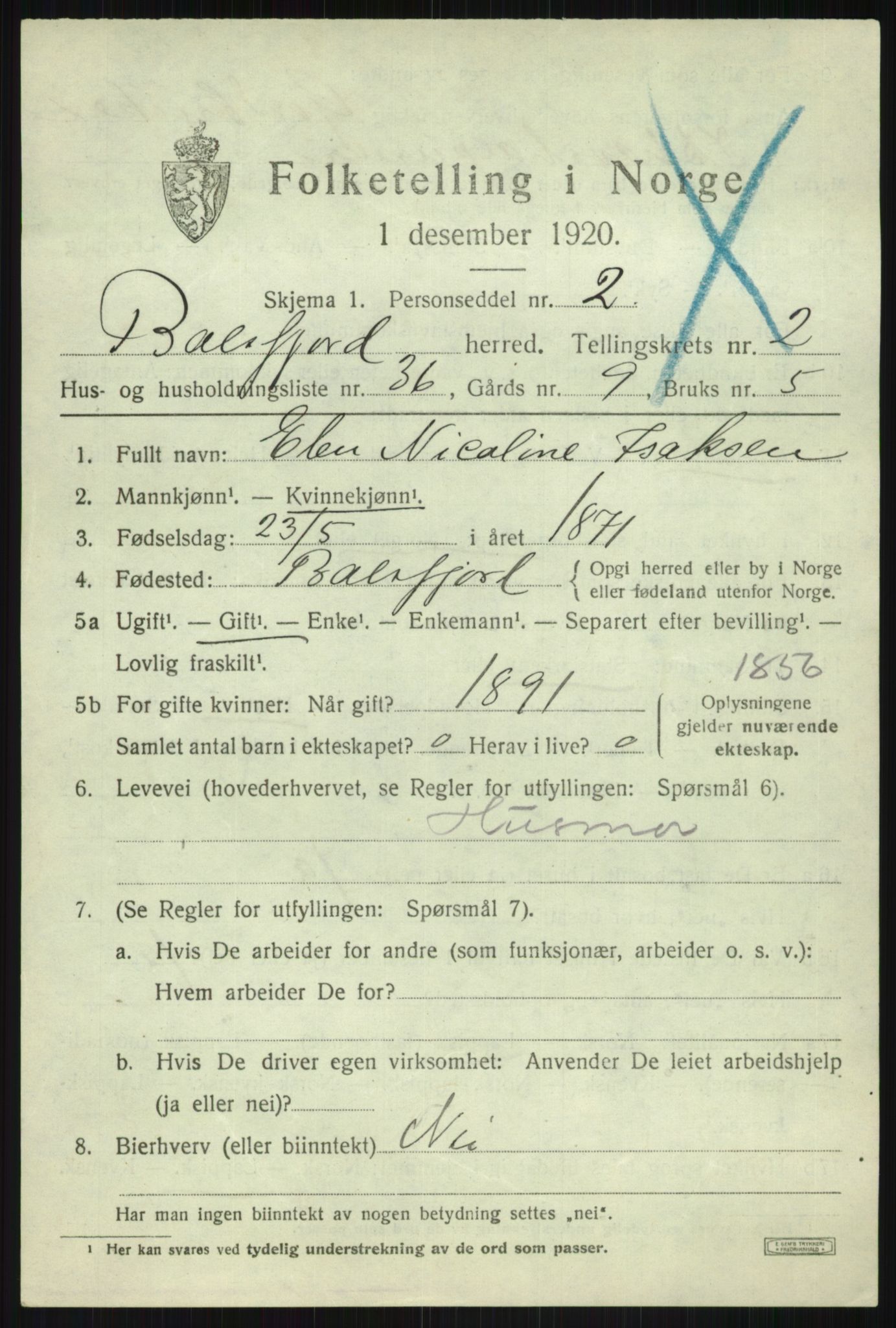 SATØ, 1920 census for Balsfjord, 1920, p. 2107