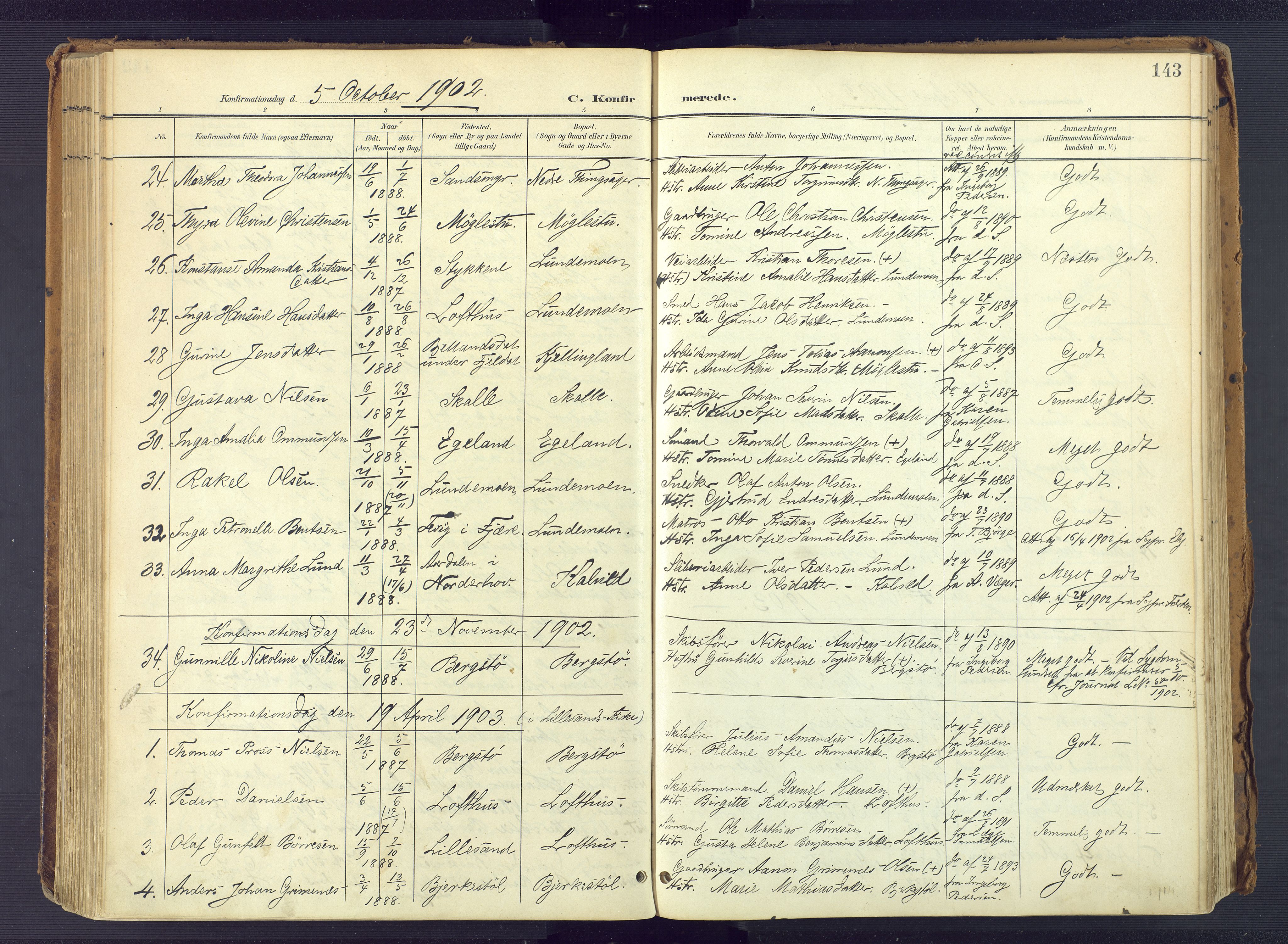 Vestre Moland sokneprestkontor, SAK/1111-0046/F/Fa/Fab/L0010: Parish register (official) no. A 10, 1900-1926, p. 143
