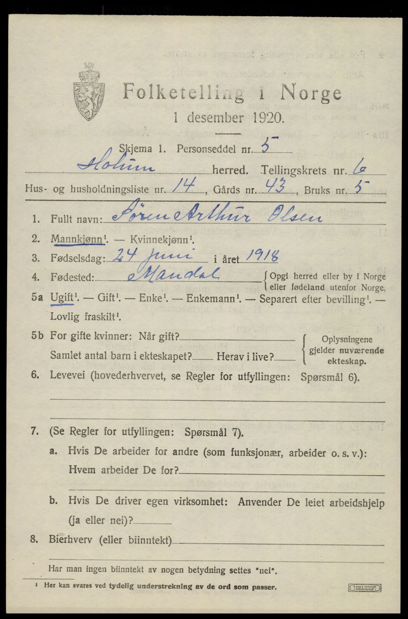 SAK, 1920 census for Holum, 1920, p. 2393