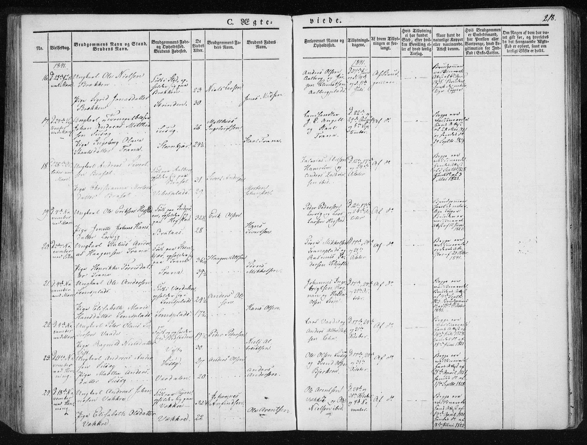Ministerialprotokoller, klokkerbøker og fødselsregistre - Nord-Trøndelag, SAT/A-1458/735/L0339: Parish register (official) no. 735A06 /1, 1836-1848, p. 218