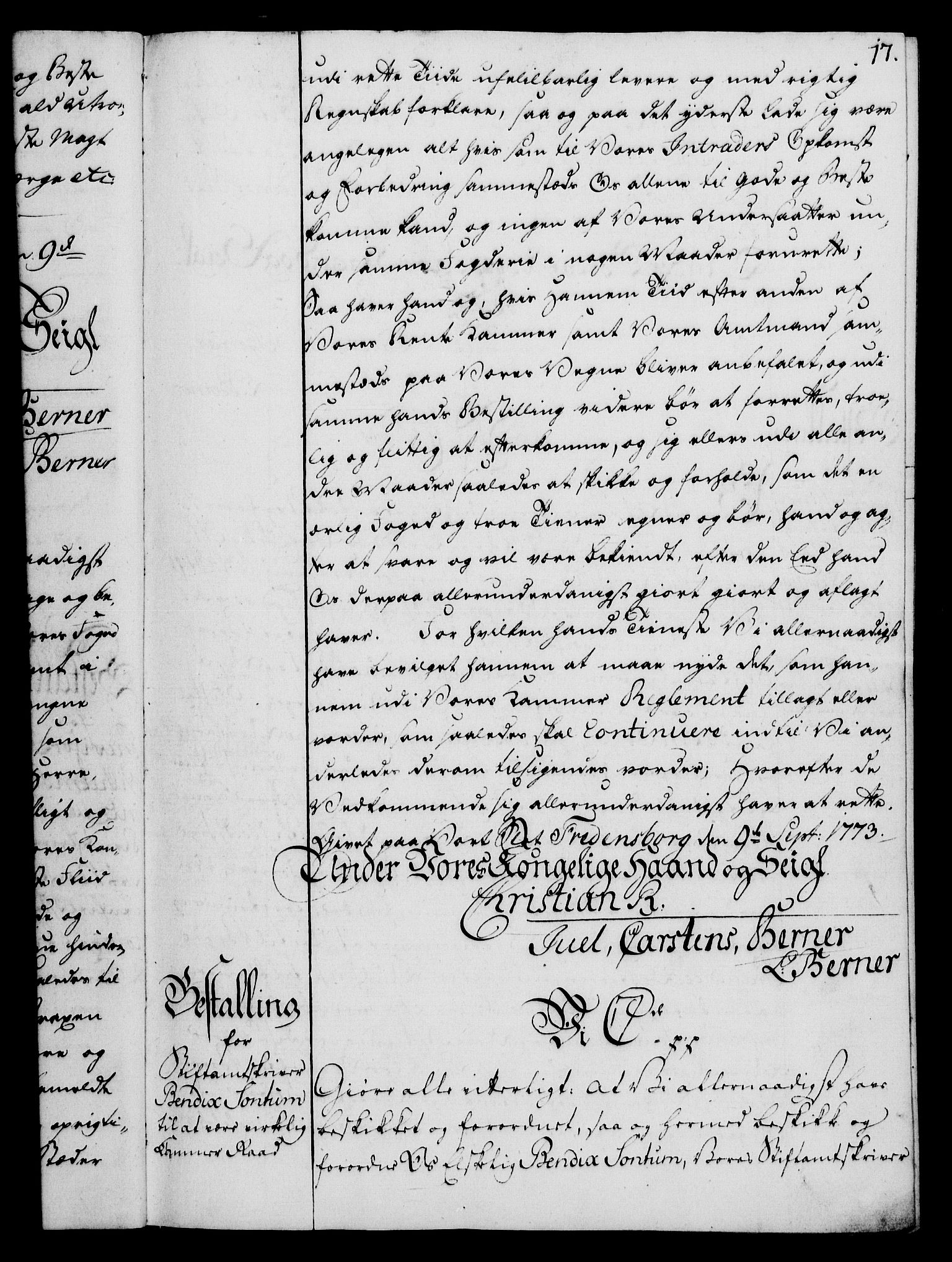Rentekammeret, Kammerkanselliet, RA/EA-3111/G/Gg/Gge/L0006: Norsk bestallingsprotokoll med register (merket RK 53.30), 1773-1814, p. 17