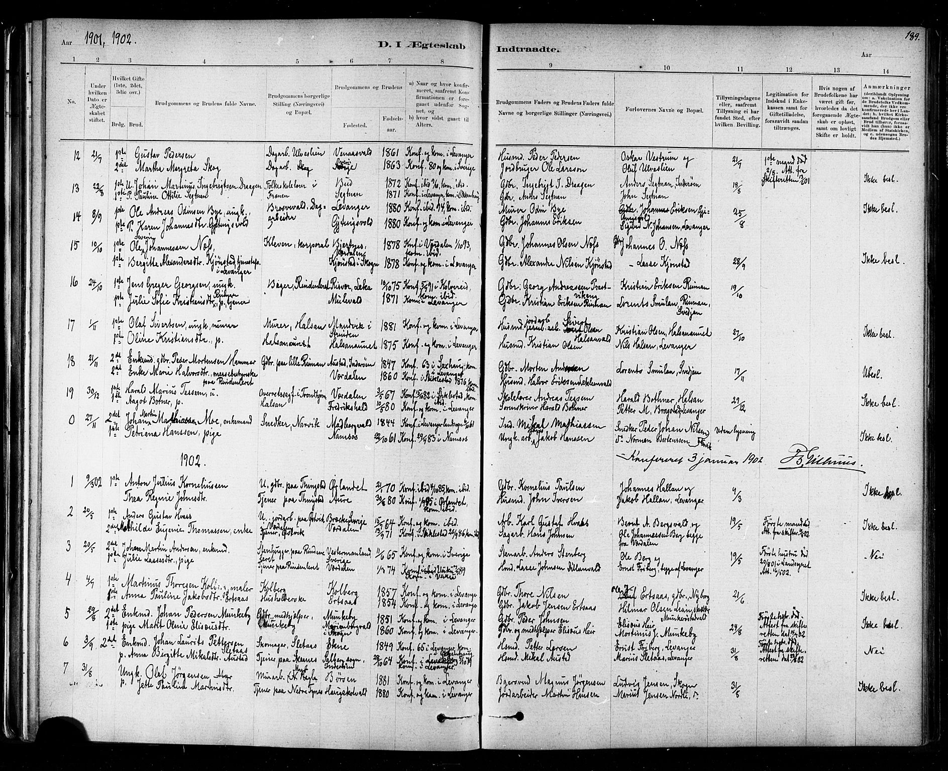 Ministerialprotokoller, klokkerbøker og fødselsregistre - Nord-Trøndelag, SAT/A-1458/721/L0208: Parish register (copy) no. 721C01, 1880-1917, p. 189