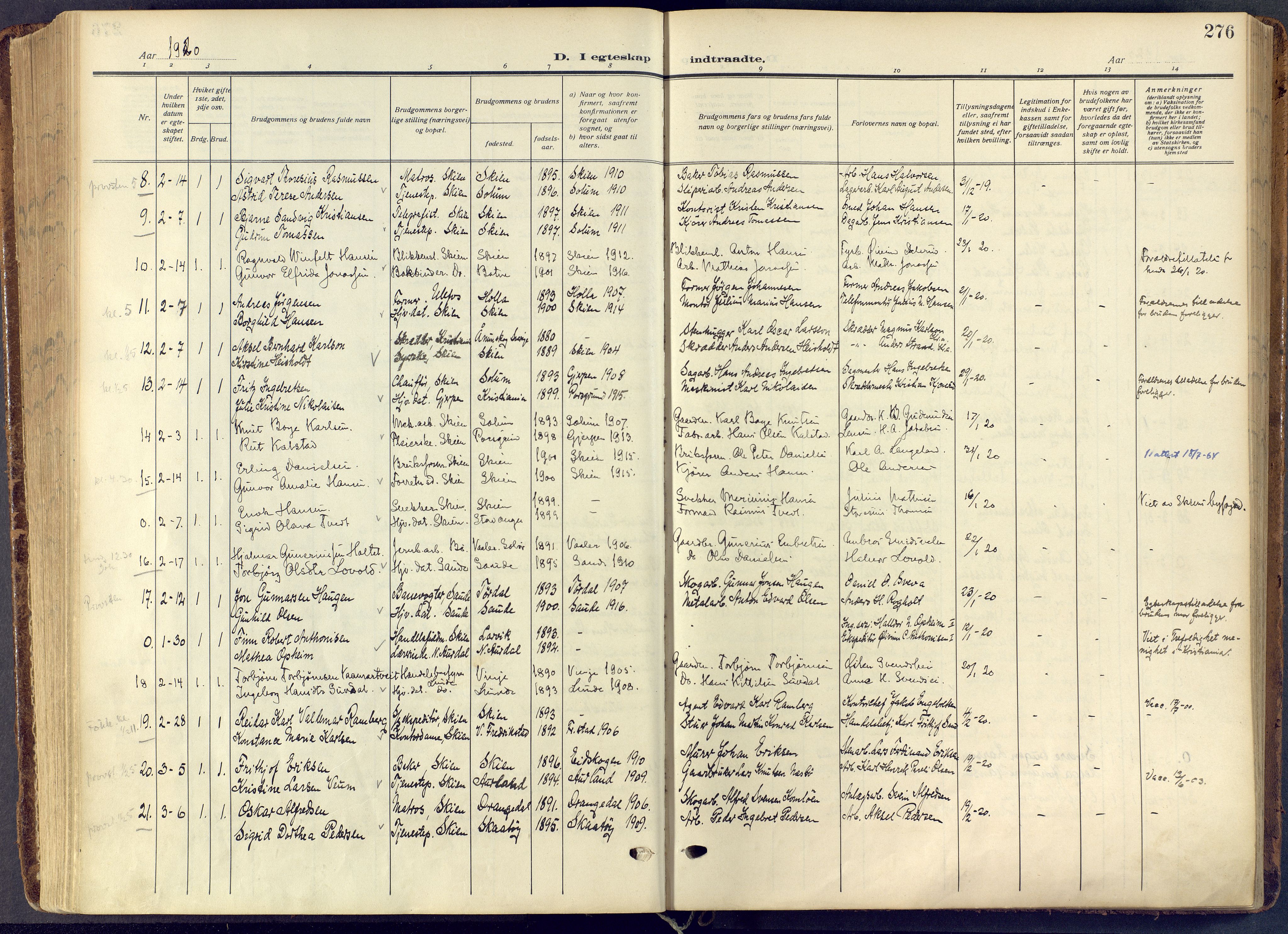 Skien kirkebøker, AV/SAKO-A-302/F/Fa/L0013: Parish register (official) no. 13, 1915-1921, p. 276