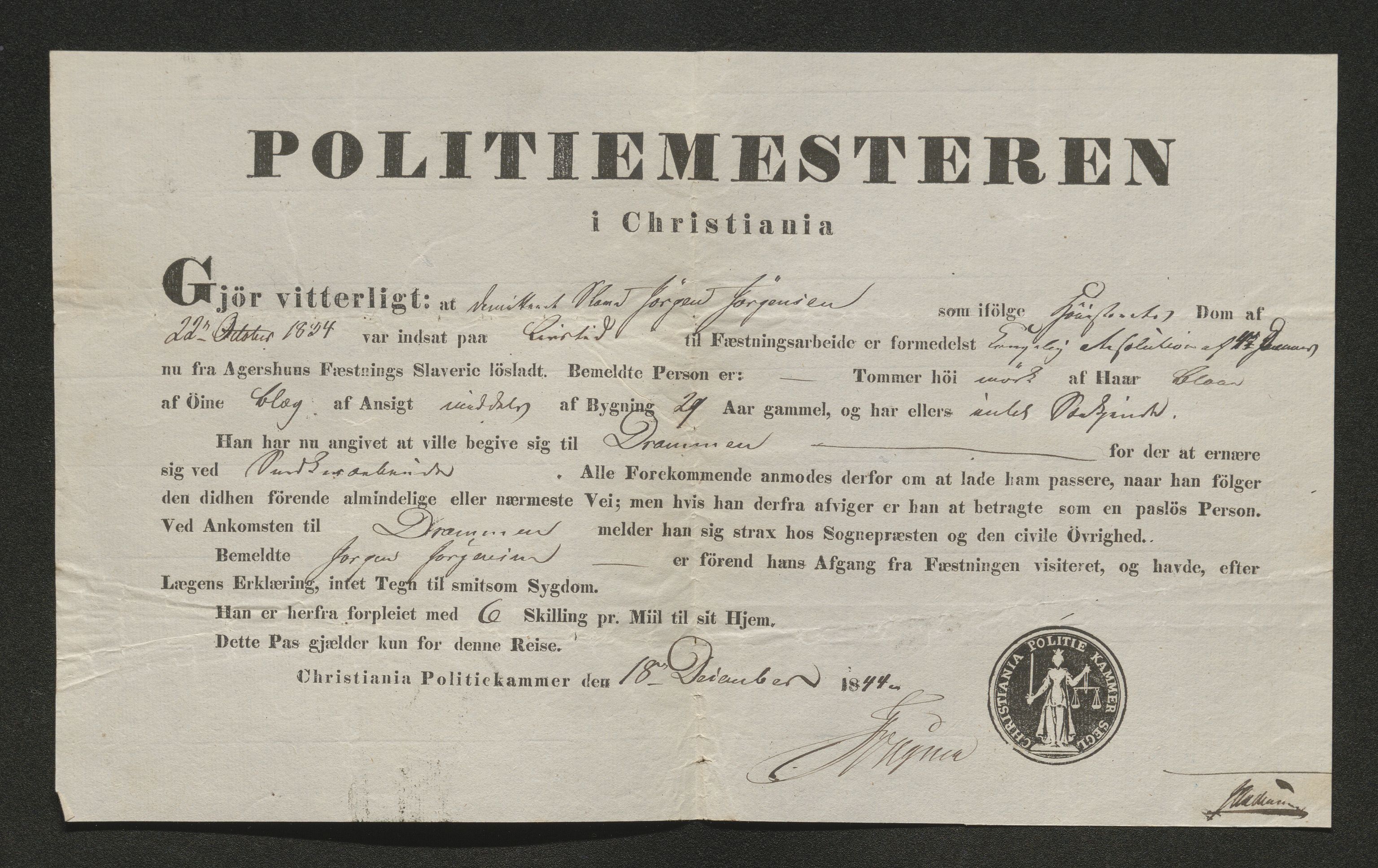 Drammen politikammer, SAKO/A-623/I/Ia/Iab/L0007: Innleverte pass, 1843-1844, p. 807