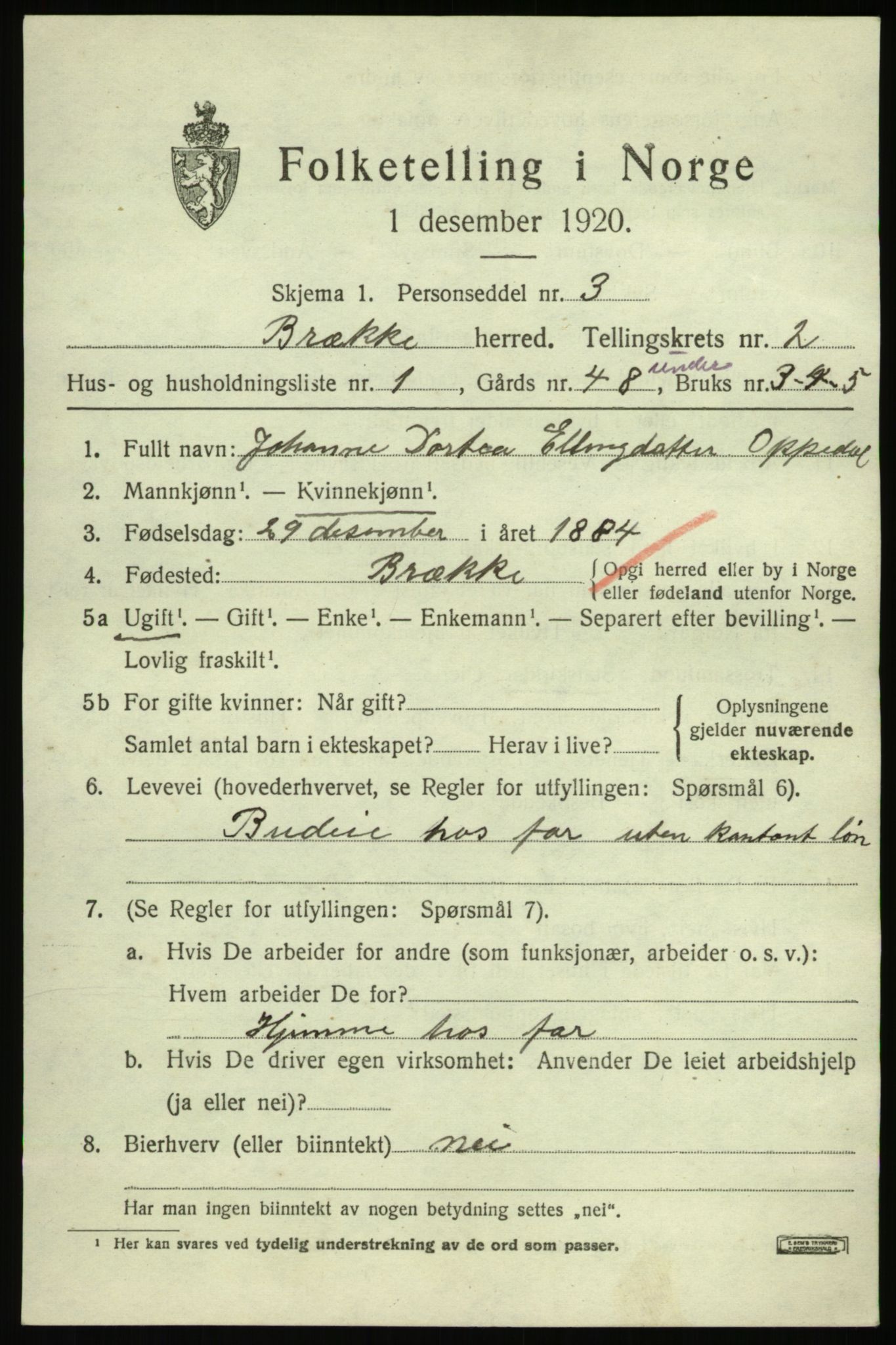 SAB, 1920 census for Brekke, 1920, p. 572