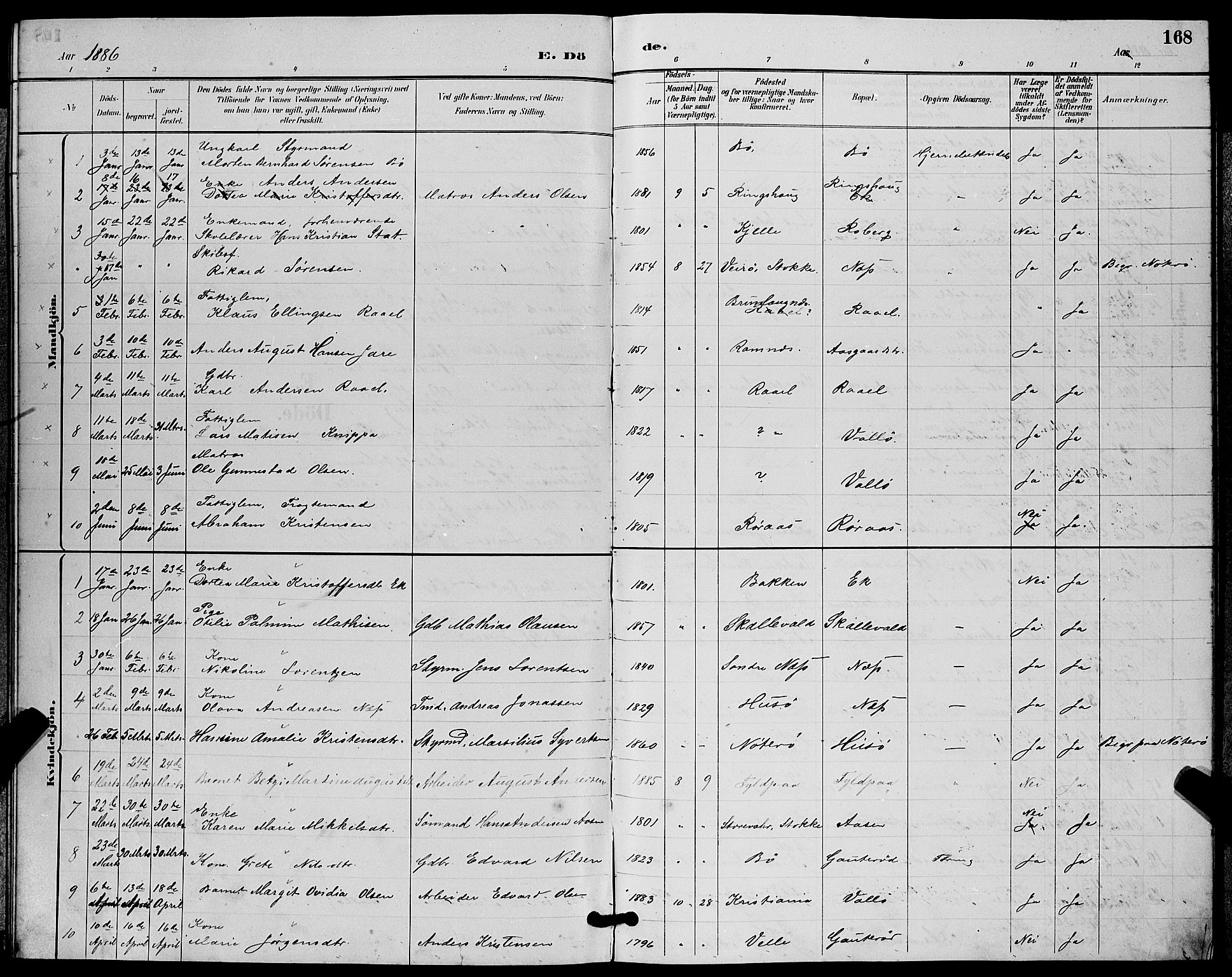 Sem kirkebøker, SAKO/A-5/G/Gb/L0002: Parish register (copy) no. II 2, 1886-1899, p. 168