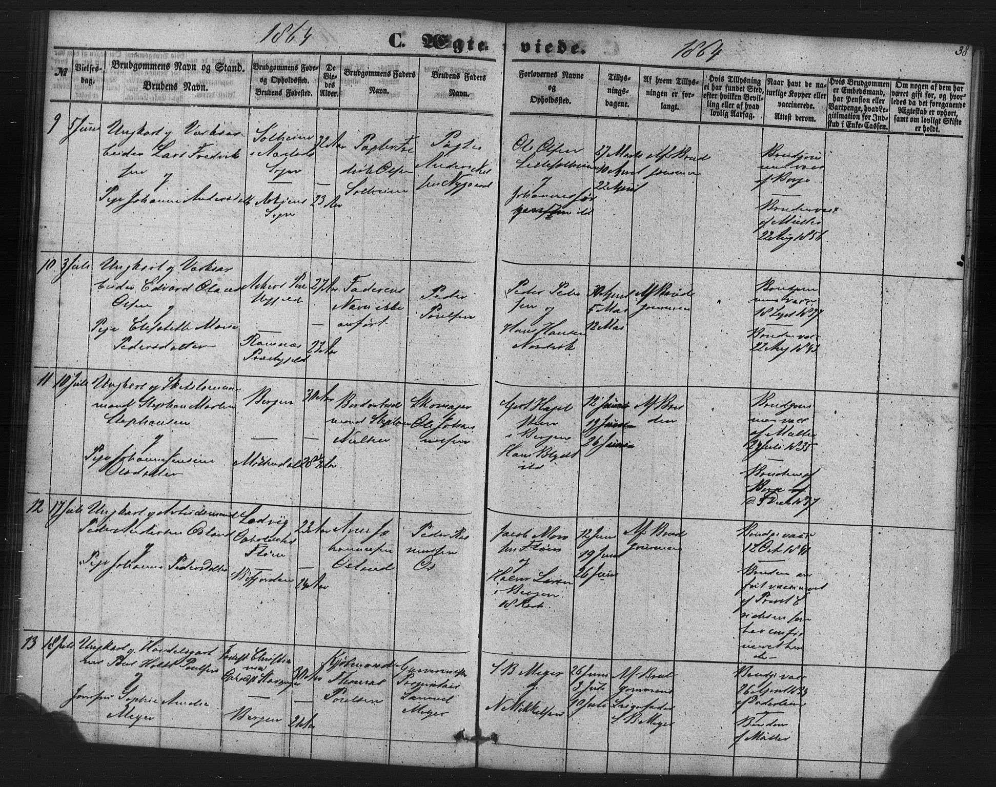 St. Jørgens hospital og Årstad sokneprestembete, AV/SAB-A-99934: Parish register (copy) no. A 7, 1854-1886, p. 38