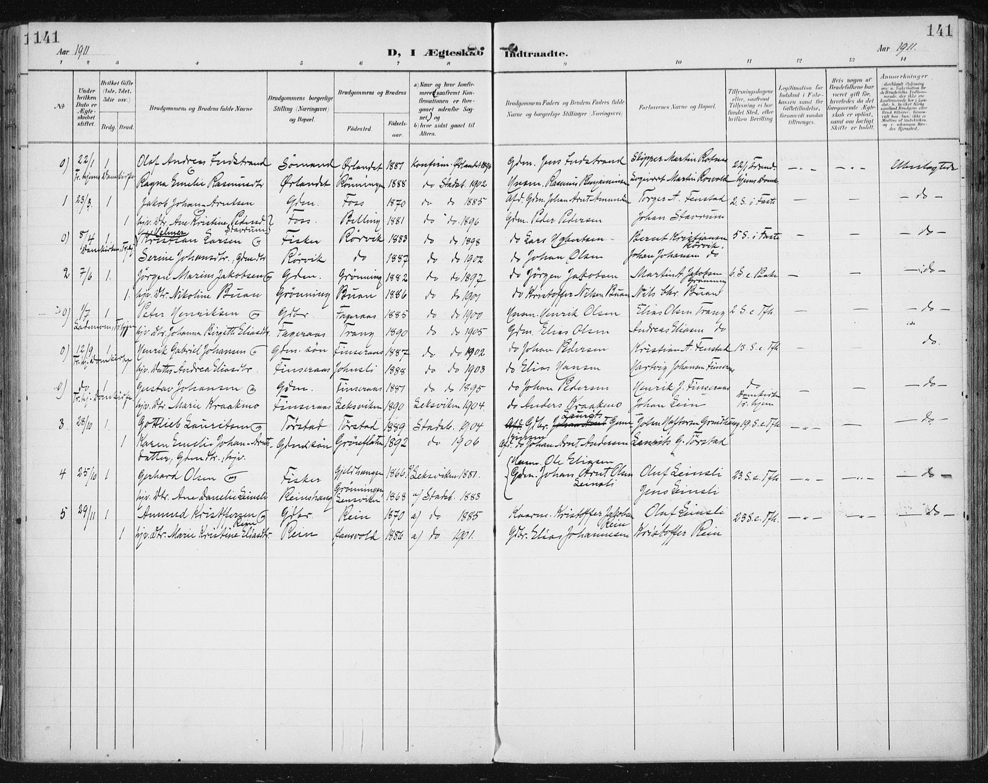 Ministerialprotokoller, klokkerbøker og fødselsregistre - Sør-Trøndelag, SAT/A-1456/646/L0616: Parish register (official) no. 646A14, 1900-1918, p. 141