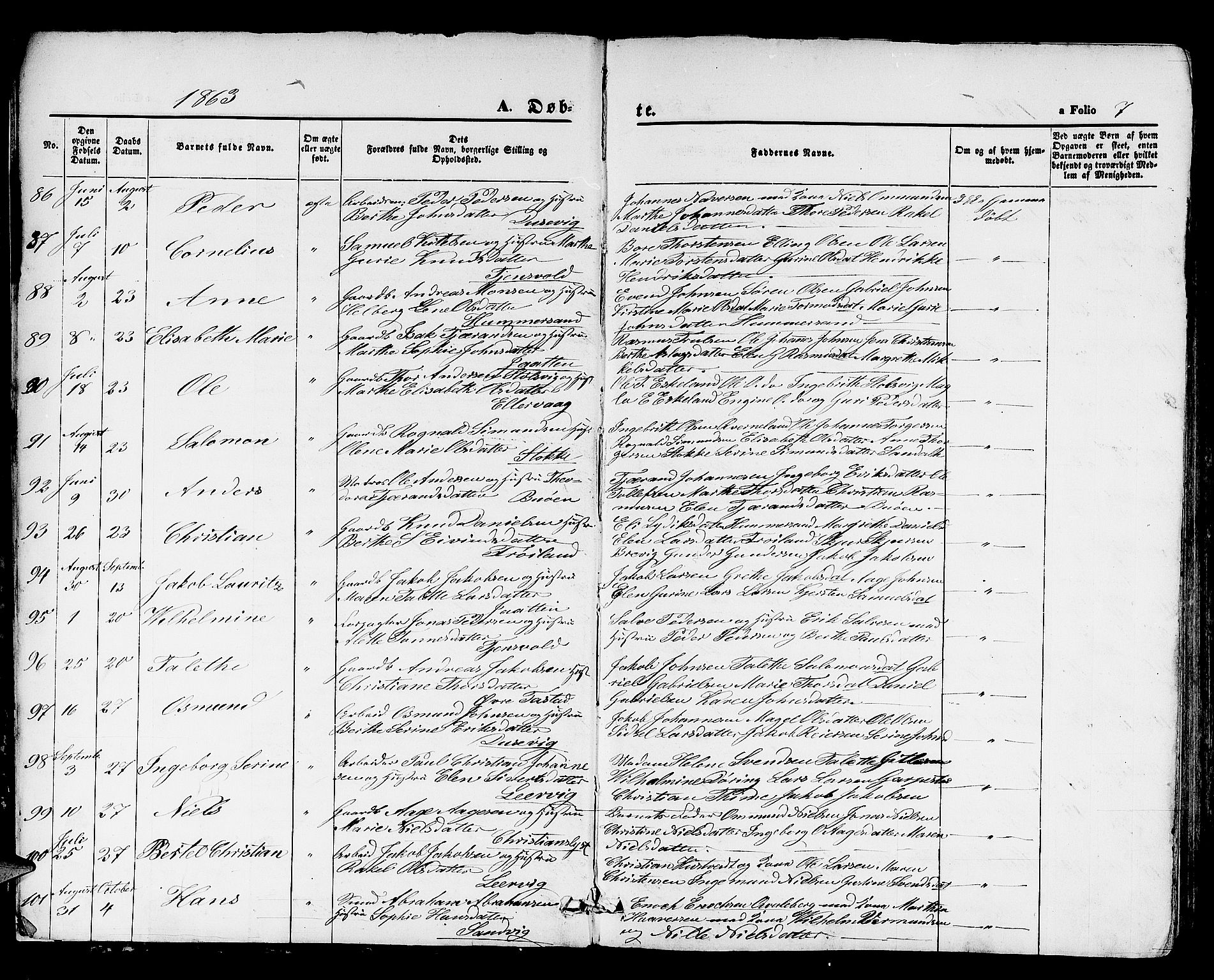 Hetland sokneprestkontor, SAST/A-101826/30/30BB/L0003: Parish register (copy) no. B 3, 1863-1877, p. 7