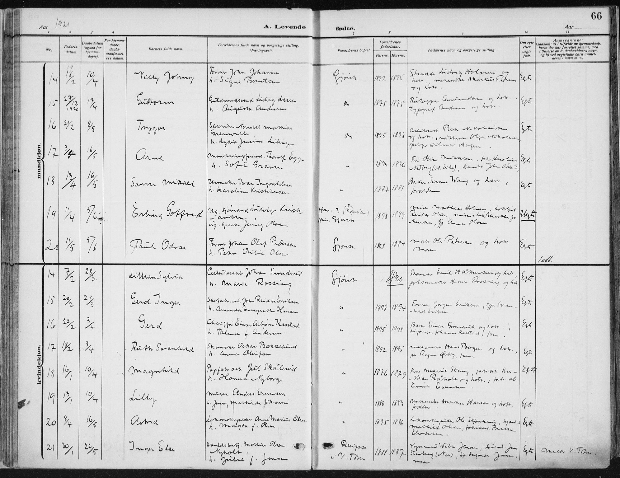 Vardal prestekontor, SAH/PREST-100/H/Ha/Haa/L0014: Parish register (official) no. 14, 1912-1922, p. 66