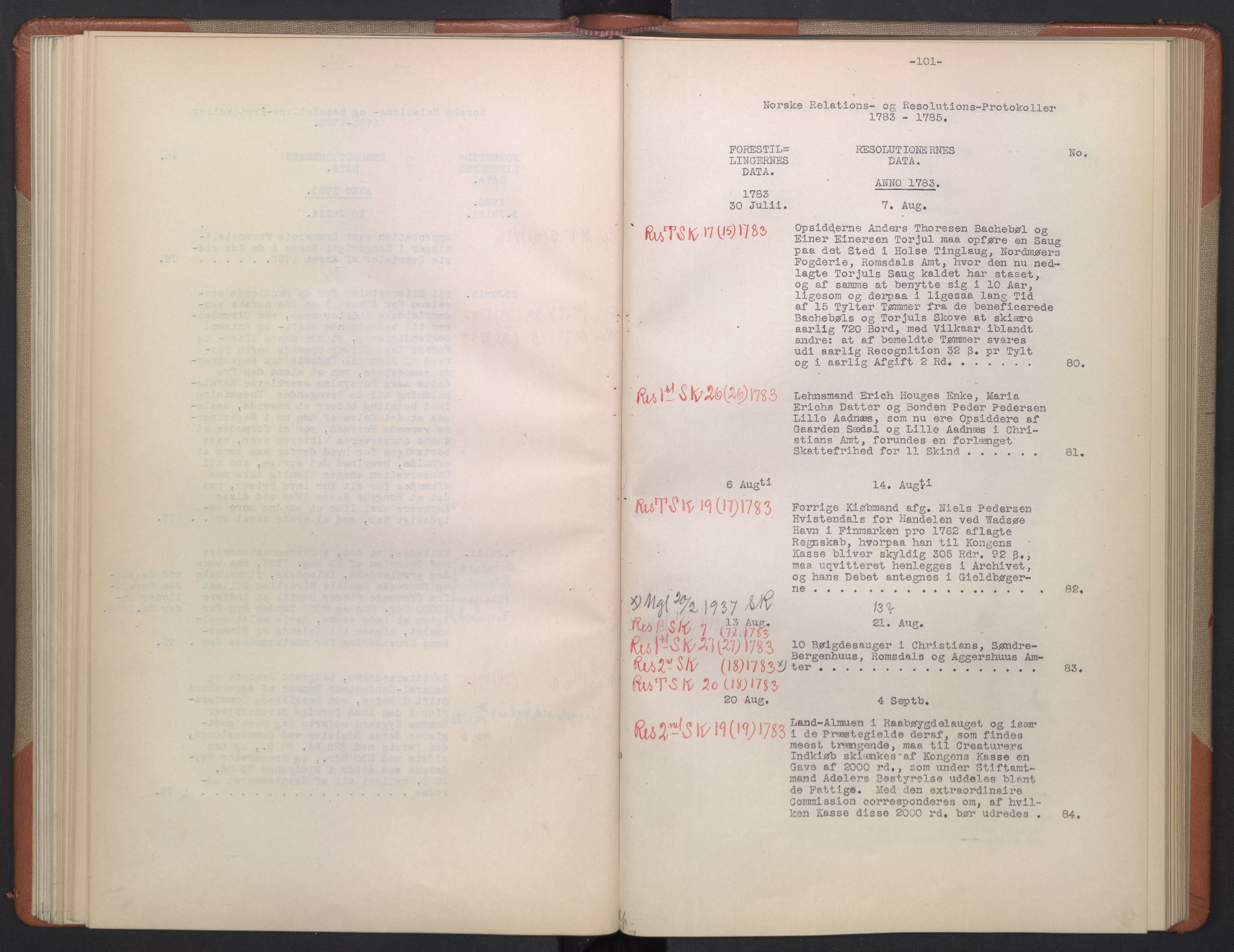 Avskriftsamlingen, AV/RA-EA-4022/F/Fb/L0125: Registratur over norske Relasjons- og  resolusjonsprotokoller, 1783-1785, p. 67