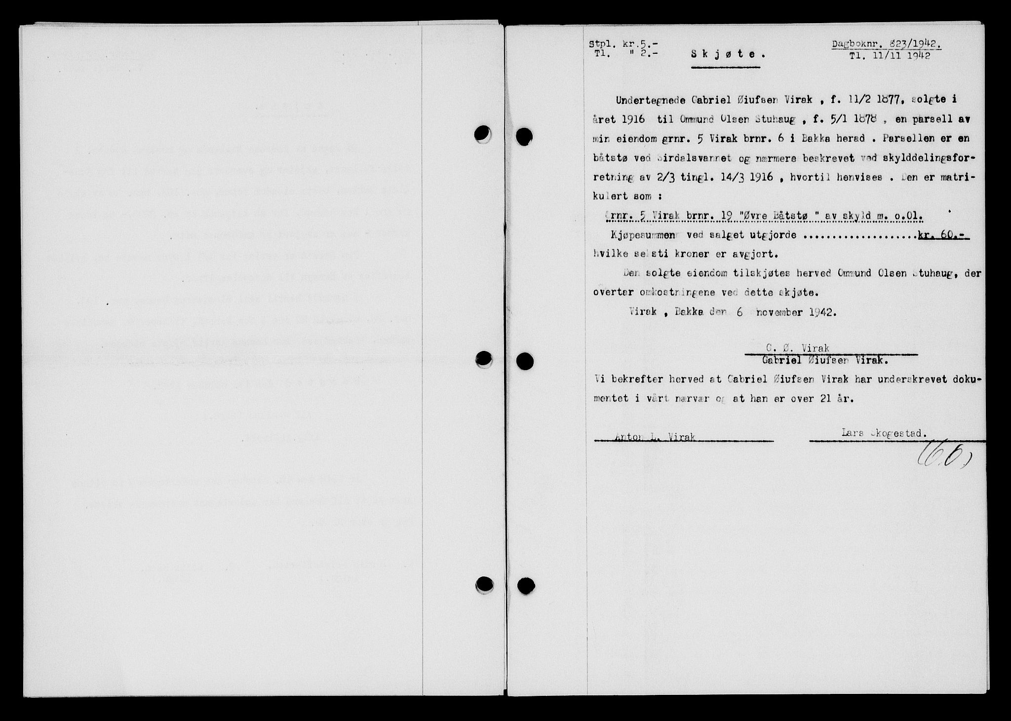 Flekkefjord sorenskriveri, SAK/1221-0001/G/Gb/Gba/L0058: Mortgage book no. A-6, 1942-1944, Diary no: : 823/1942