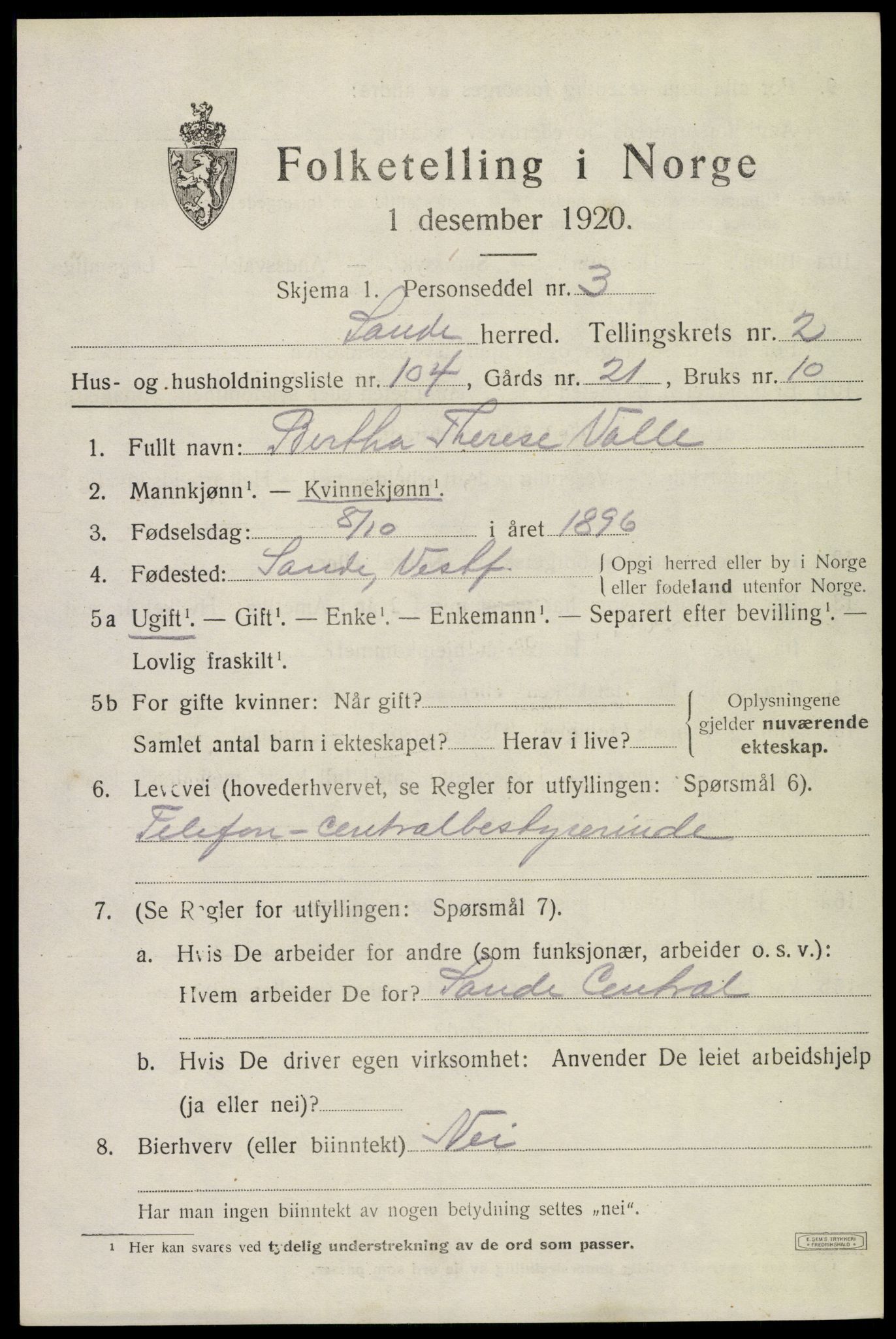 SAKO, 1920 census for Sande, 1920, p. 3598