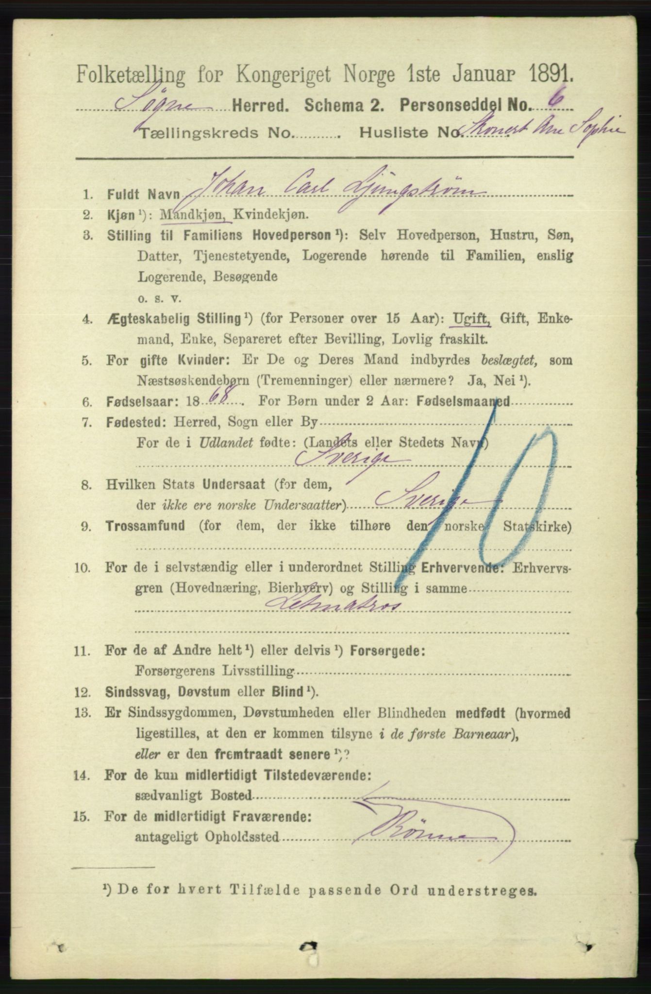 RA, 1891 census for 1018 Søgne, 1891, p. 4875