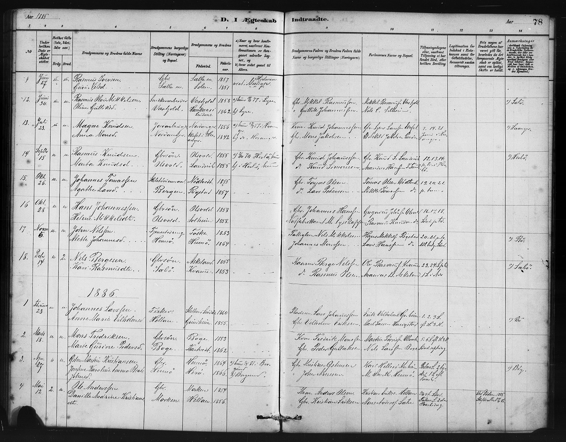 Manger sokneprestembete, SAB/A-76801/H/Haa: Parish register (official) no. B 1, 1881-1892, p. 78