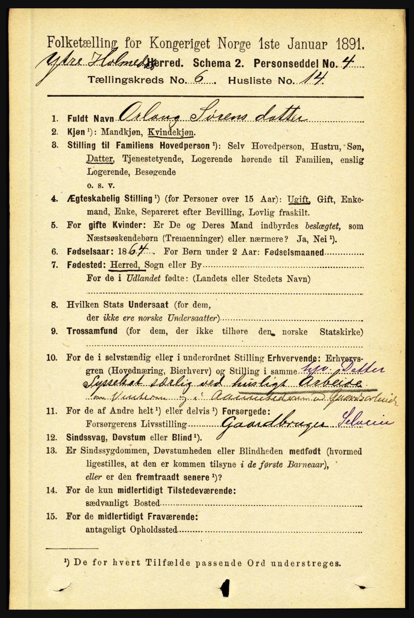 RA, 1891 census for 1429 Ytre Holmedal, 1891, p. 1392