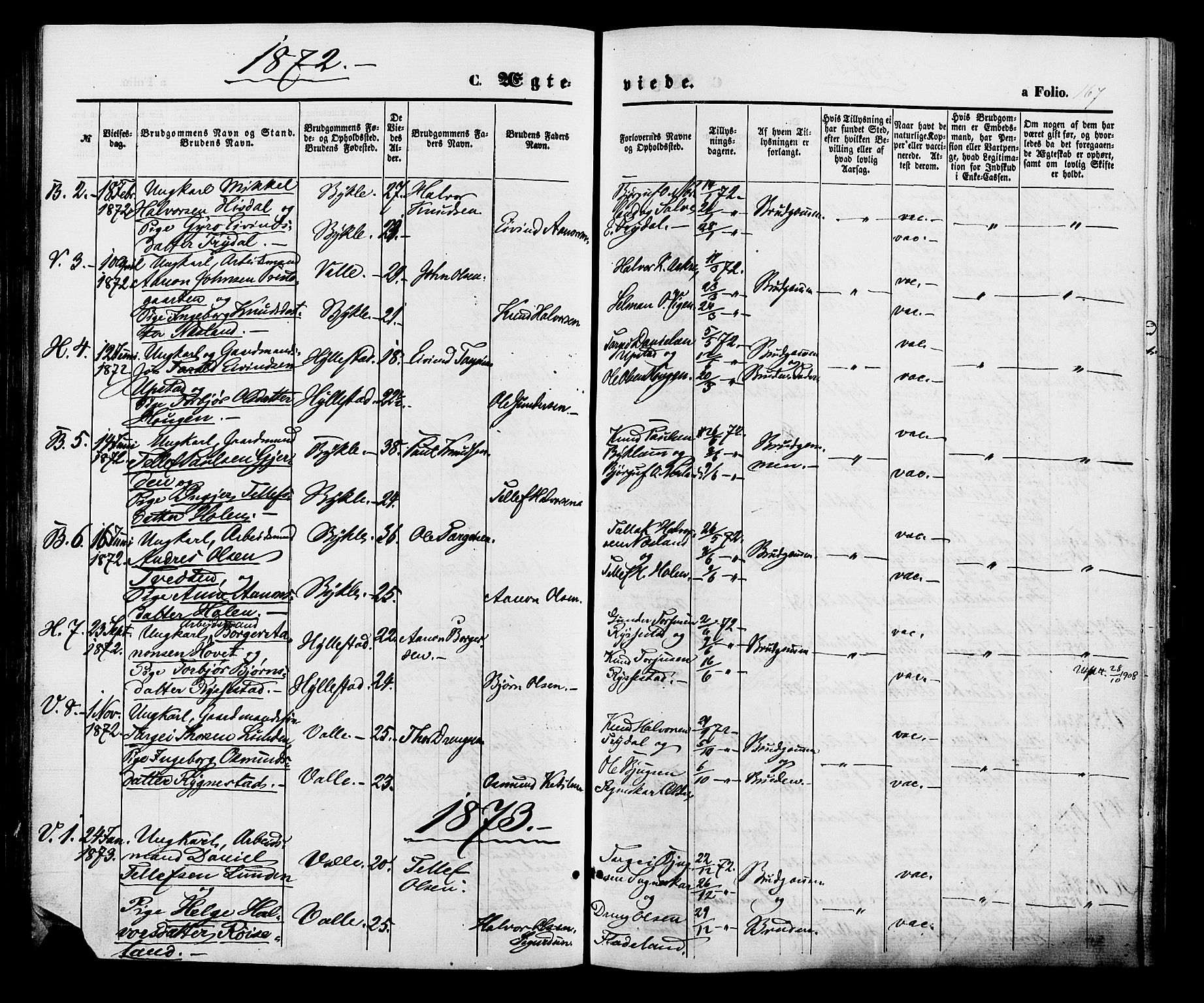 Valle sokneprestkontor, AV/SAK-1111-0044/F/Fa/Fac/L0008: Parish register (official) no. A 8, 1868-1882, p. 167