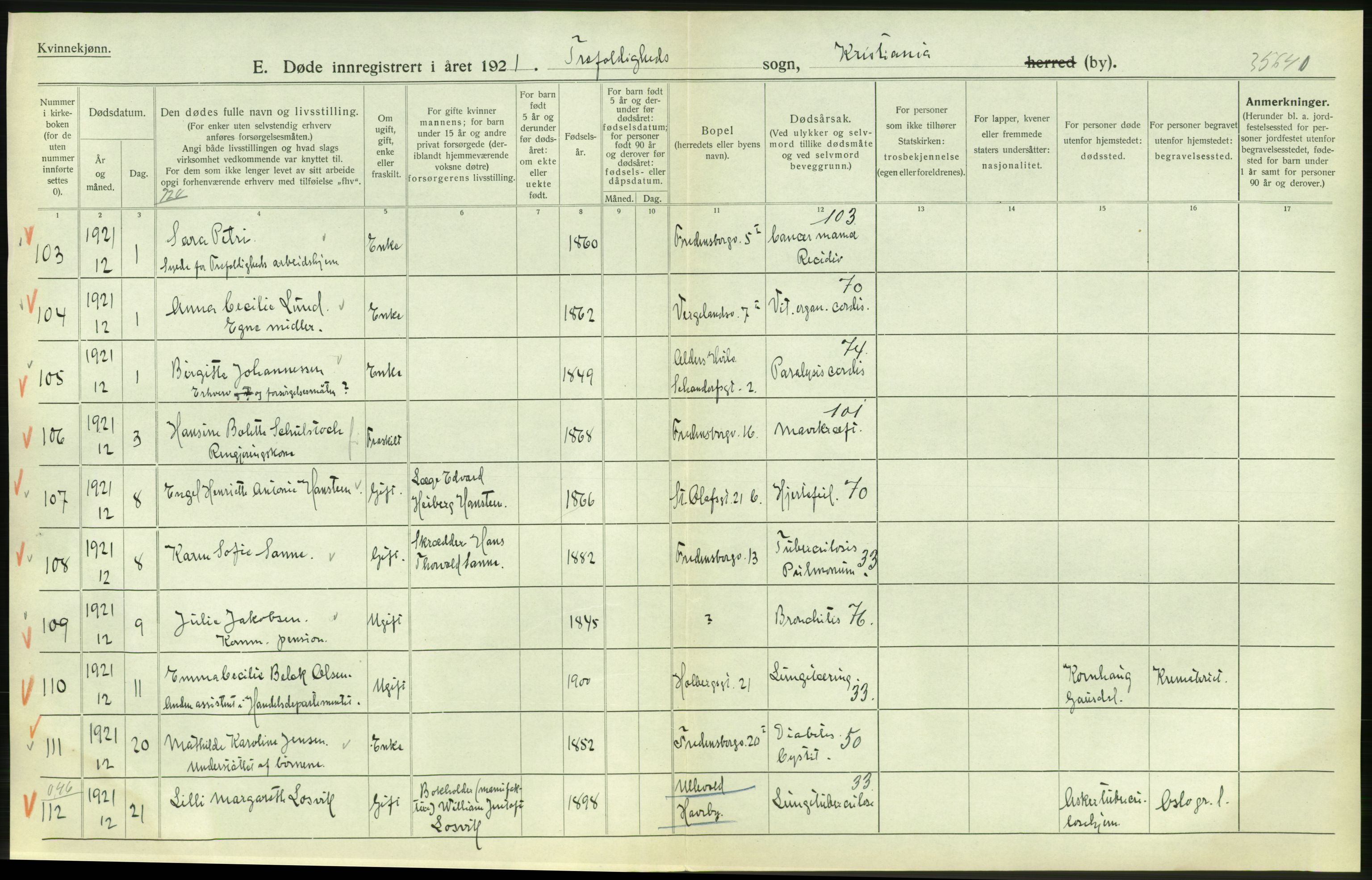 Statistisk sentralbyrå, Sosiodemografiske emner, Befolkning, AV/RA-S-2228/D/Df/Dfc/Dfca/L0012: Kristiania: Døde, 1921, p. 530