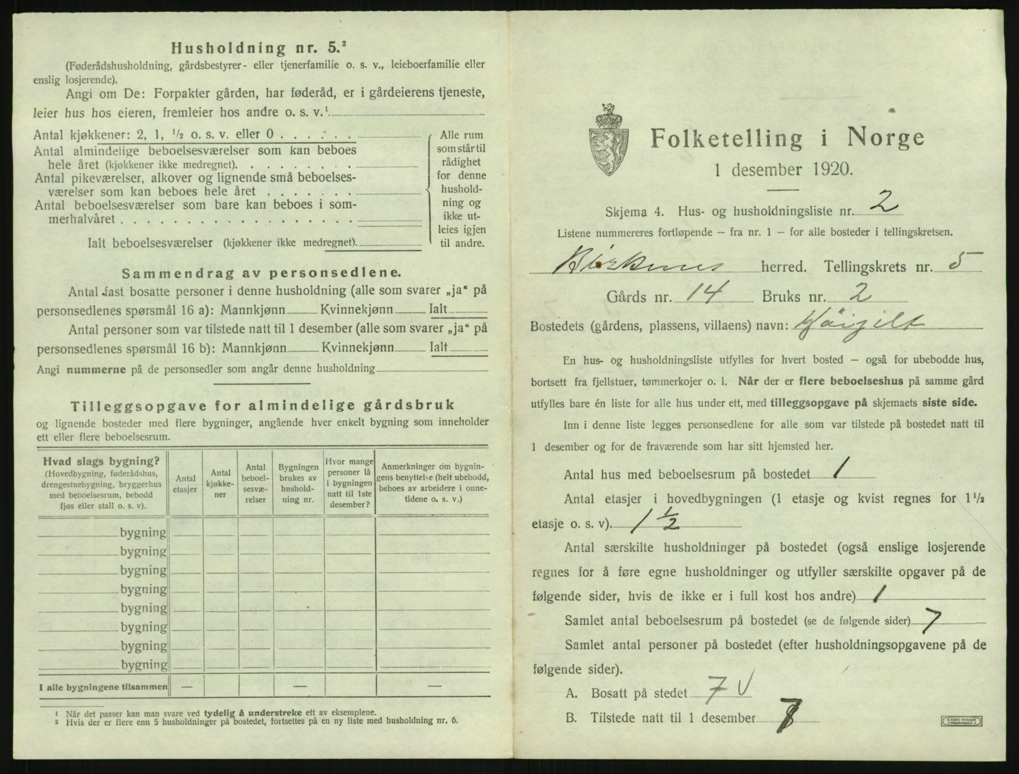 SAK, 1920 census for Birkenes, 1920, p. 447