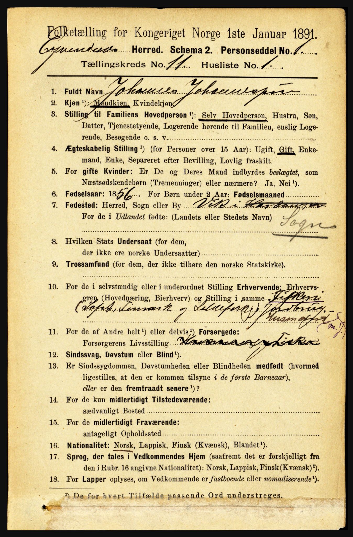 RA, 1891 census for 1853 Evenes, 1891, p. 3469