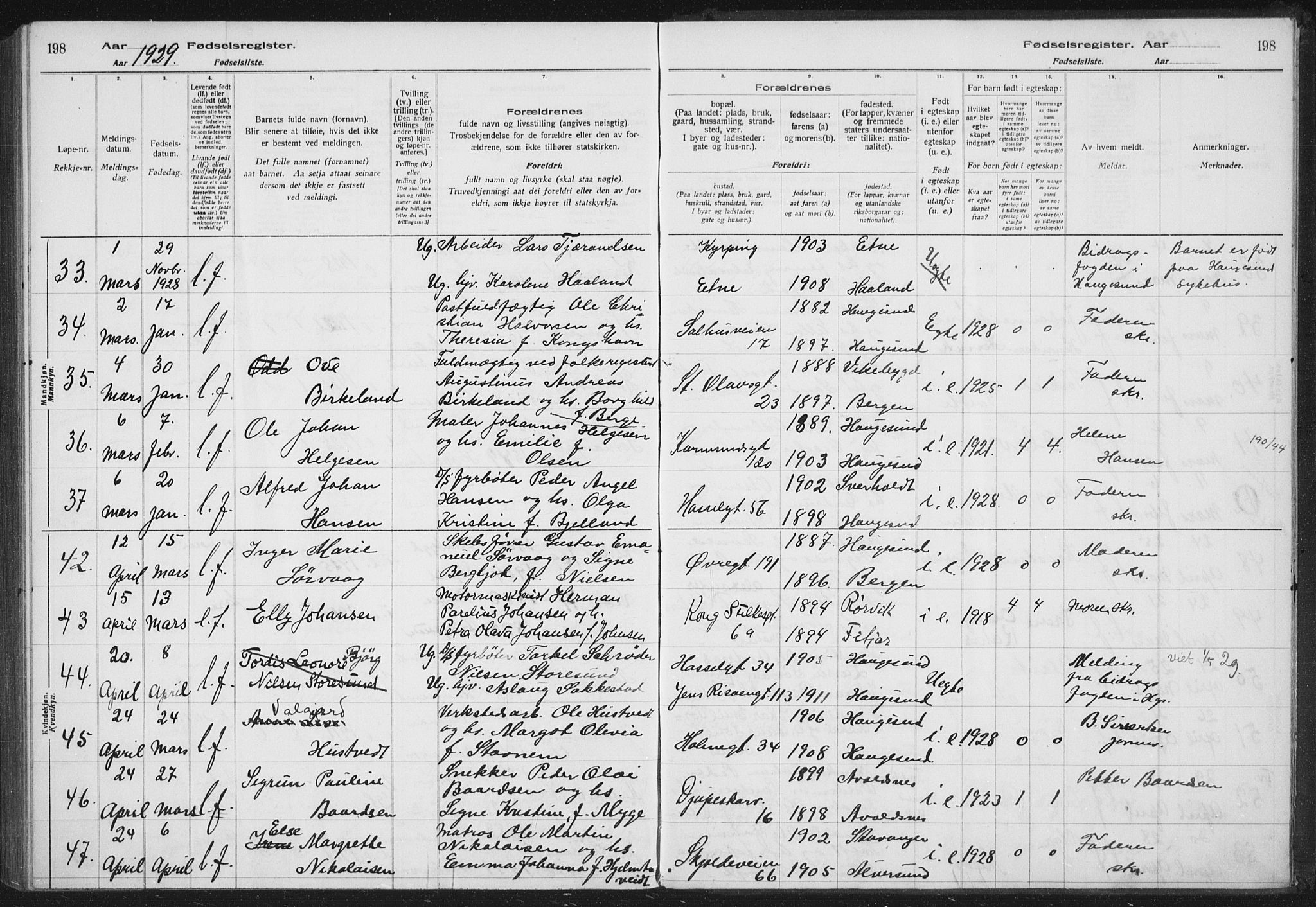 Haugesund sokneprestkontor, AV/SAST-A -101863/I/Id/L0005: Birth register no. 3, 1923-1929, p. 198