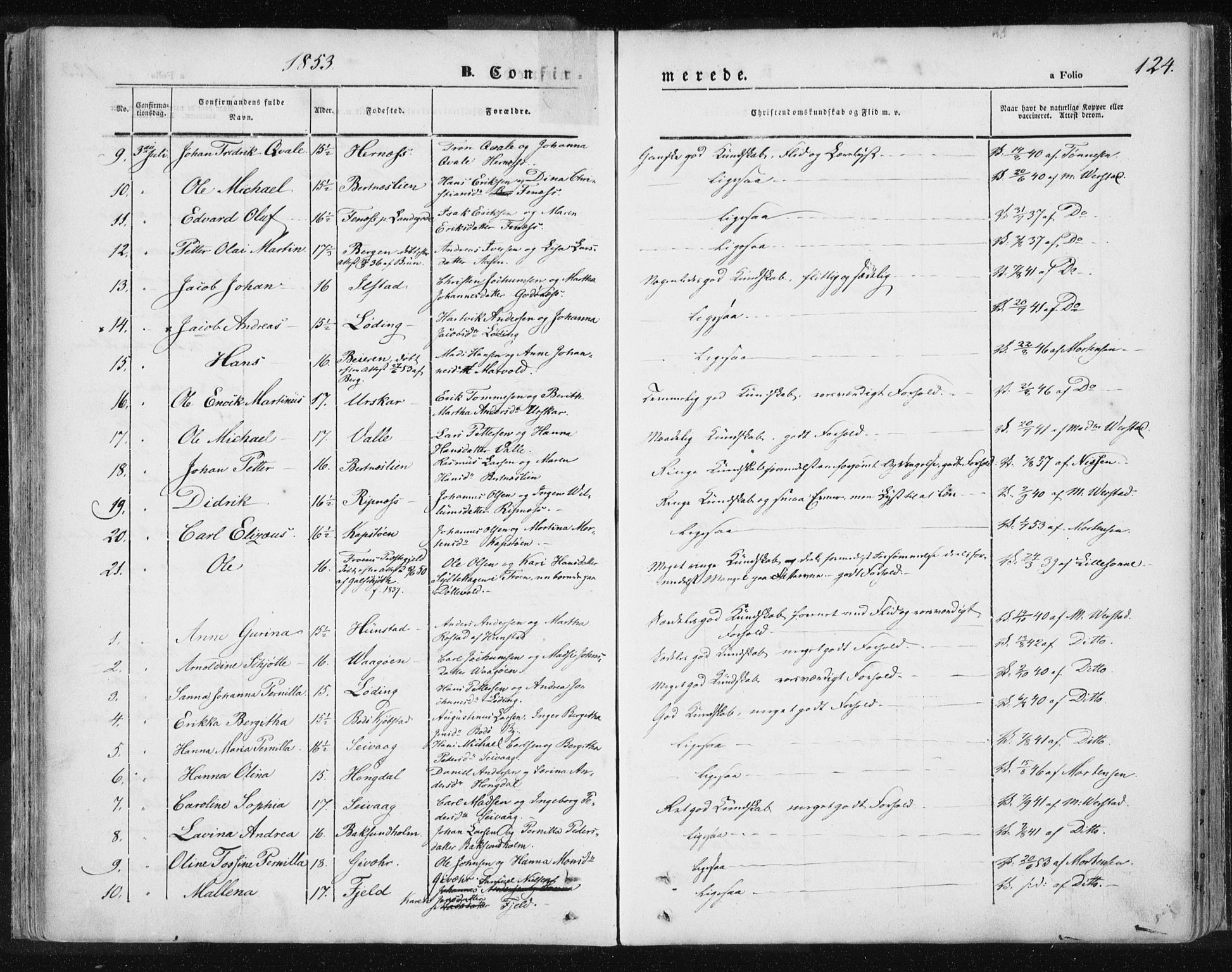 Ministerialprotokoller, klokkerbøker og fødselsregistre - Nordland, SAT/A-1459/801/L0007: Parish register (official) no. 801A07, 1845-1863, p. 124