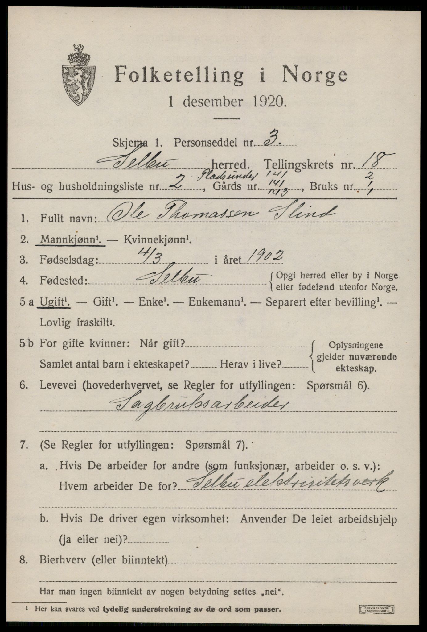 SAT, 1920 census for Selbu, 1920, p. 9450