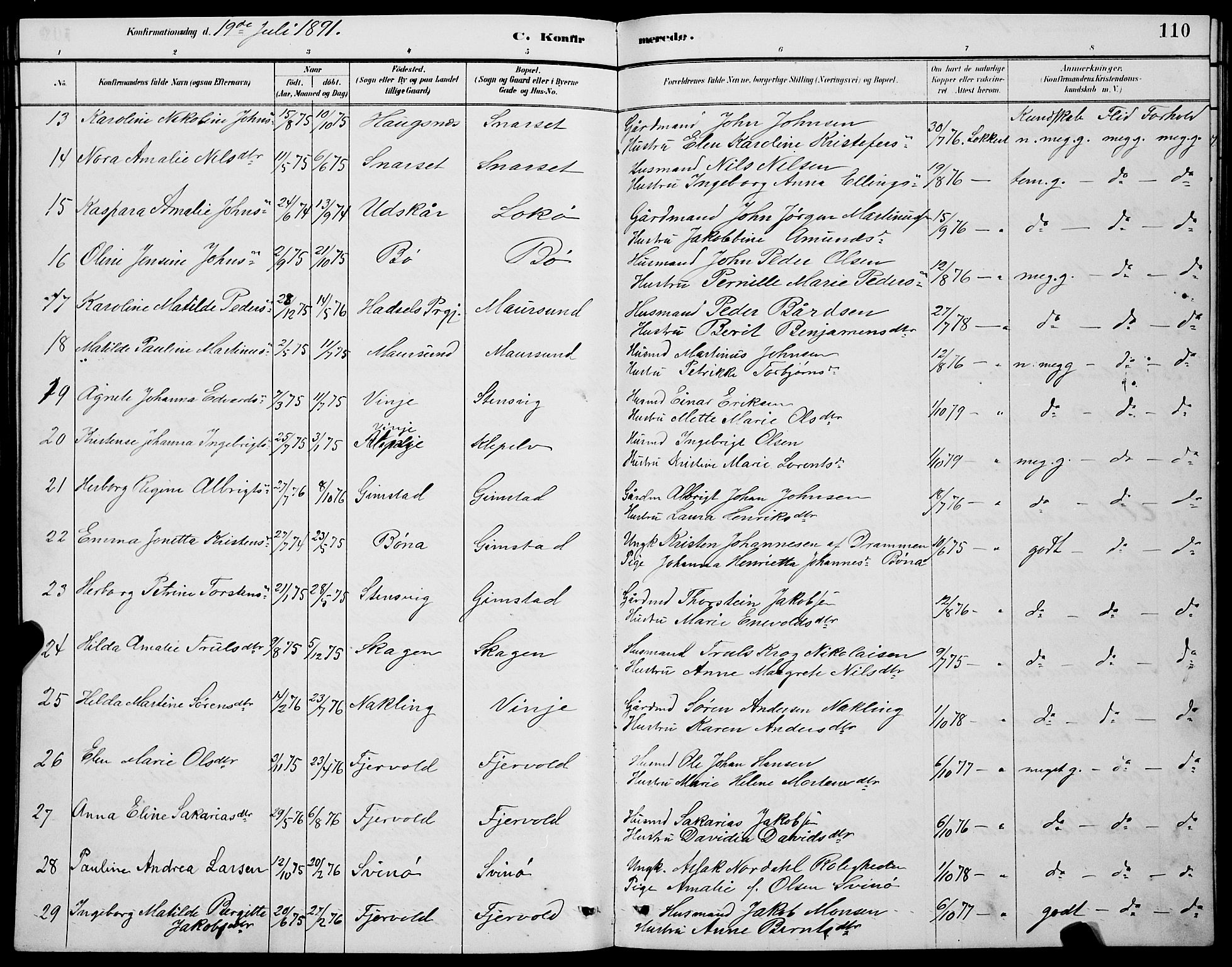 Ministerialprotokoller, klokkerbøker og fødselsregistre - Nordland, SAT/A-1459/891/L1315: Parish register (copy) no. 891C04, 1886-1893, p. 110
