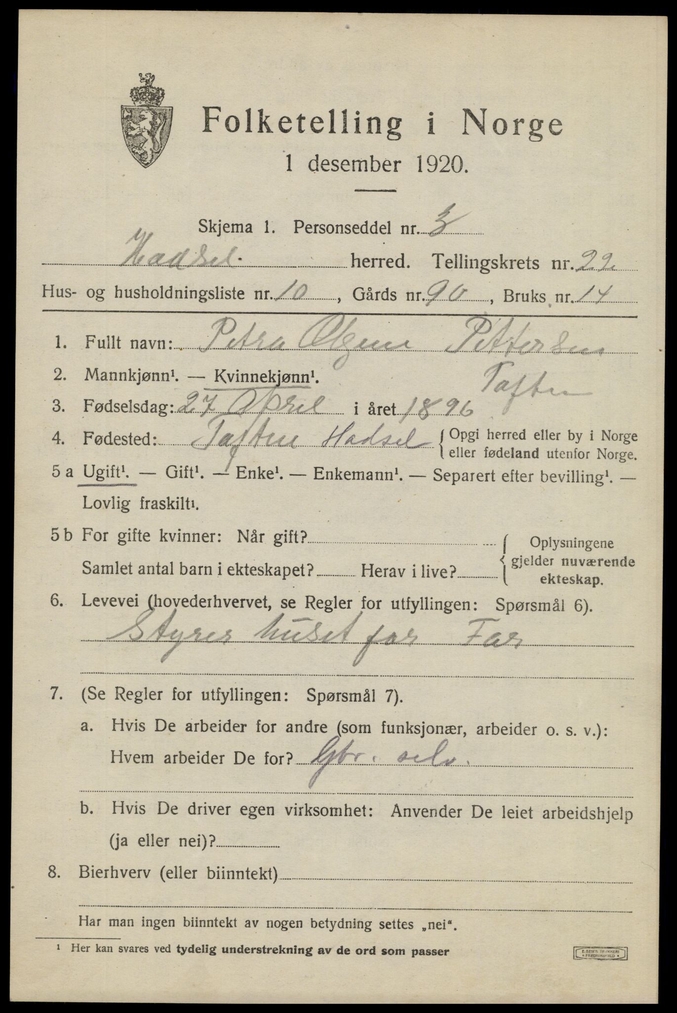 SAT, 1920 census for Hadsel, 1920, p. 20028