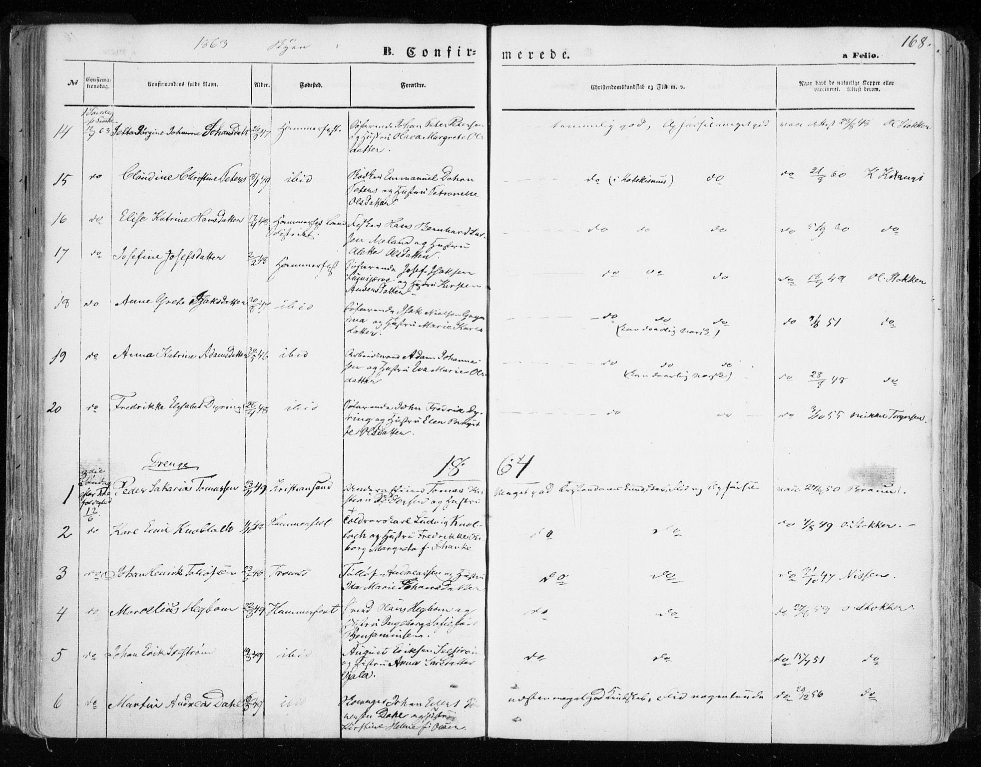 Hammerfest sokneprestkontor, SATØ/S-1347/H/Ha/L0005.kirke: Parish register (official) no. 5, 1857-1869, p. 168