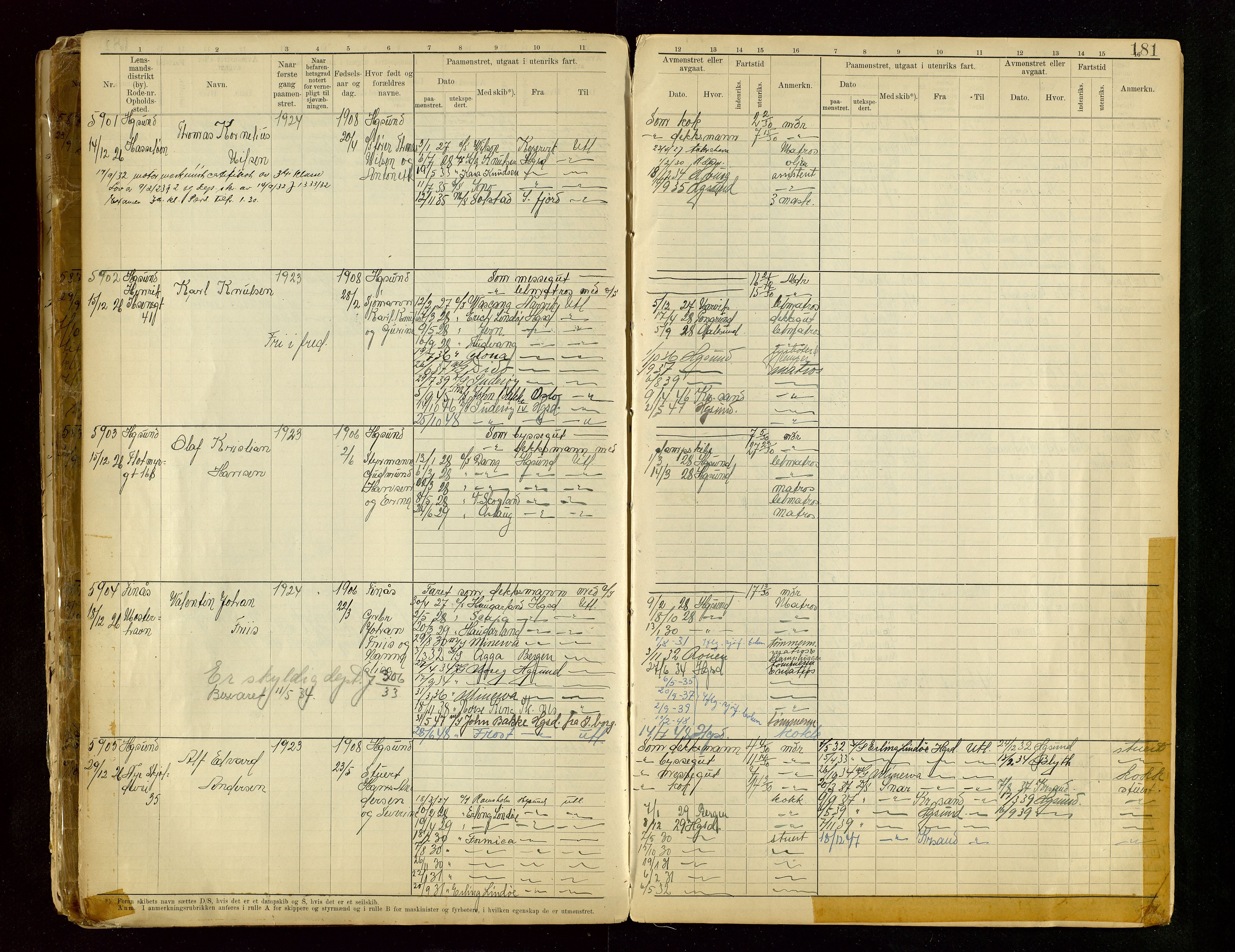 Haugesund sjømannskontor, SAST/A-102007/F/Fb/Fbb/L0015: Sjøfartsrulle A Haugesund krets I nr 5001-8970, 1912-1948, p. 181