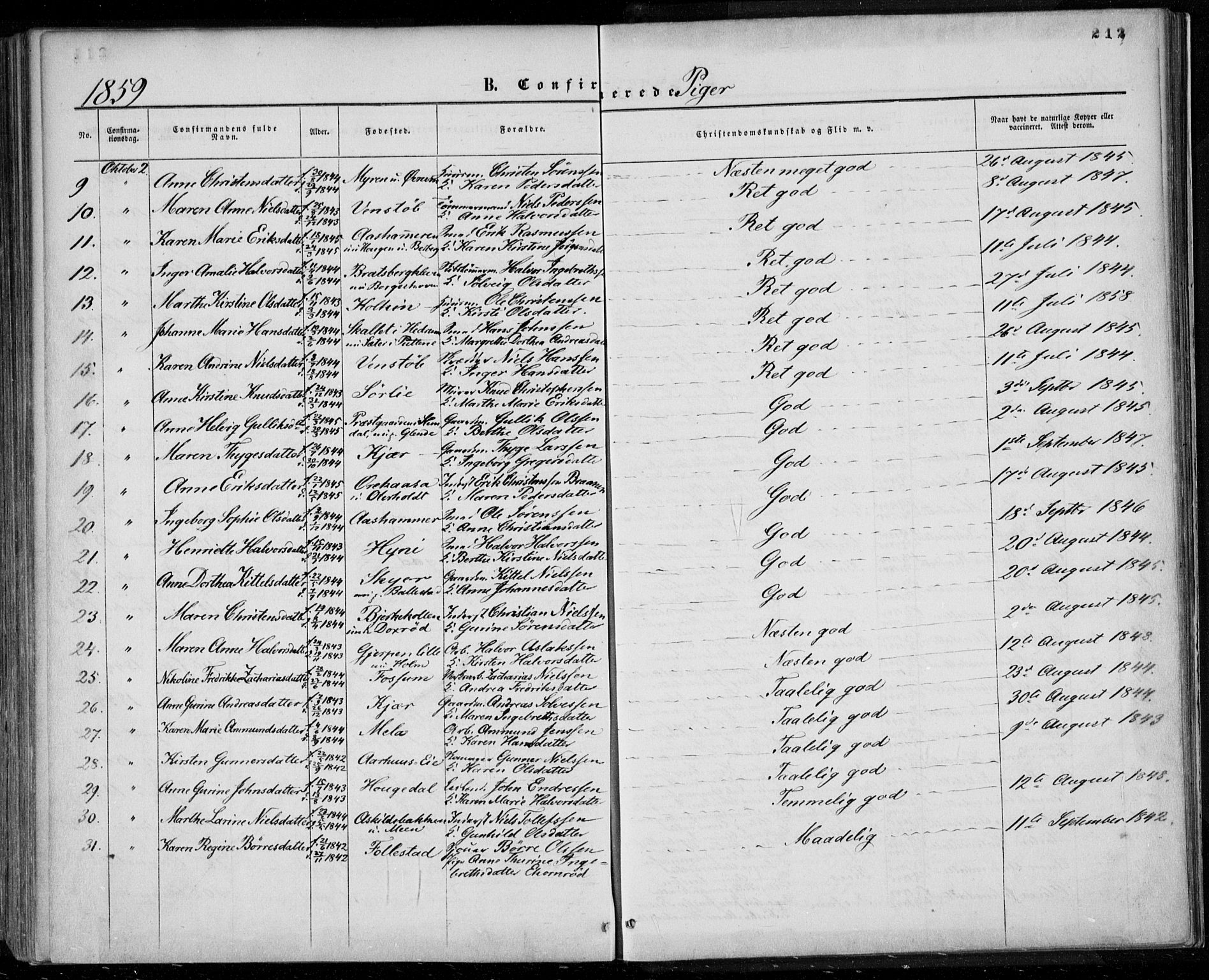 Gjerpen kirkebøker, SAKO/A-265/F/Fa/L0008a: Parish register (official) no. I 8A, 1857-1871, p. 212