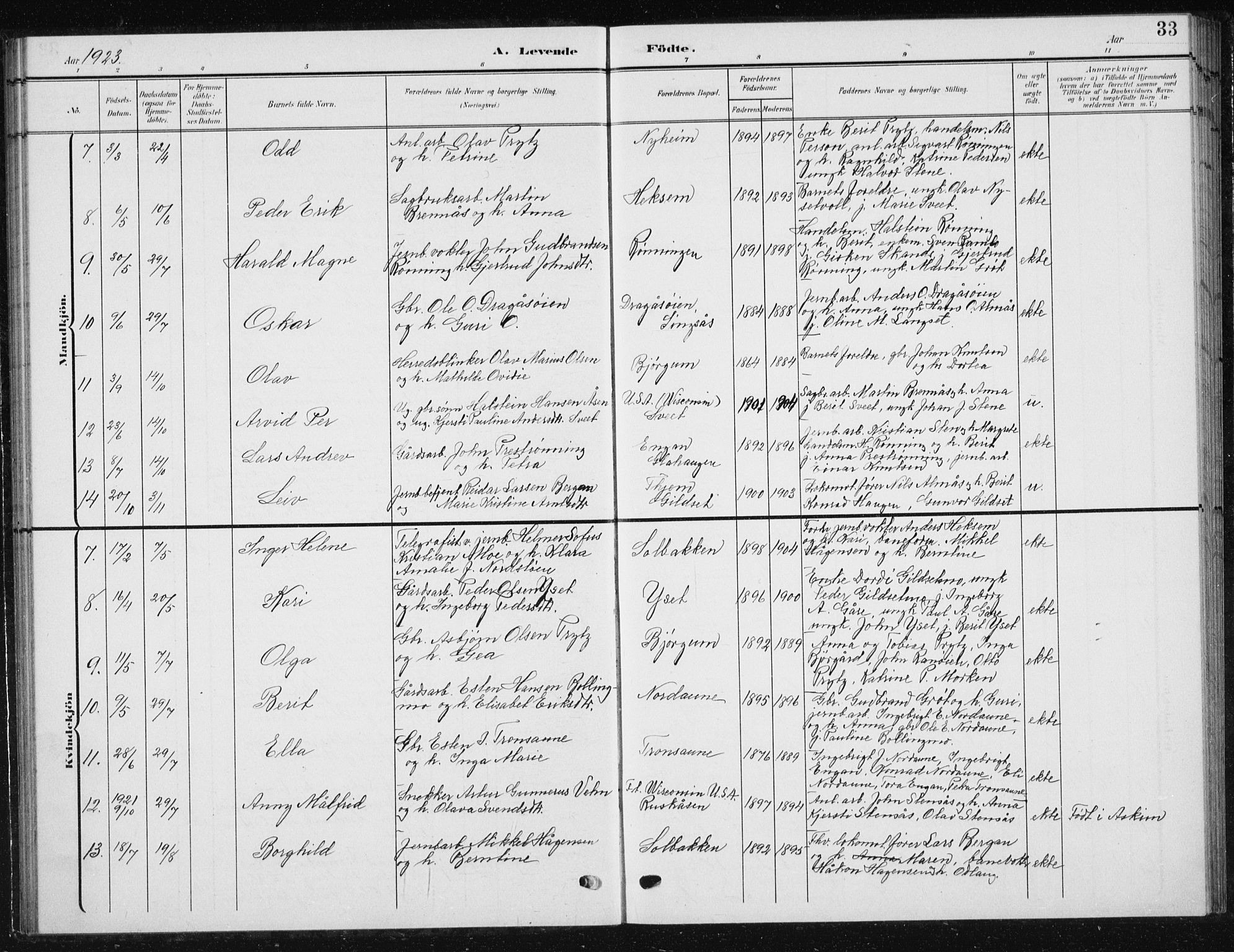 Ministerialprotokoller, klokkerbøker og fødselsregistre - Sør-Trøndelag, SAT/A-1456/685/L0979: Parish register (copy) no. 685C04, 1908-1933, p. 33