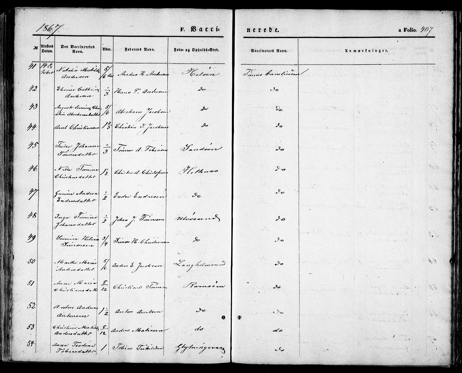 Høvåg sokneprestkontor, SAK/1111-0025/F/Fa/L0004: Parish register (official) no. A 4, 1859-1877, p. 407