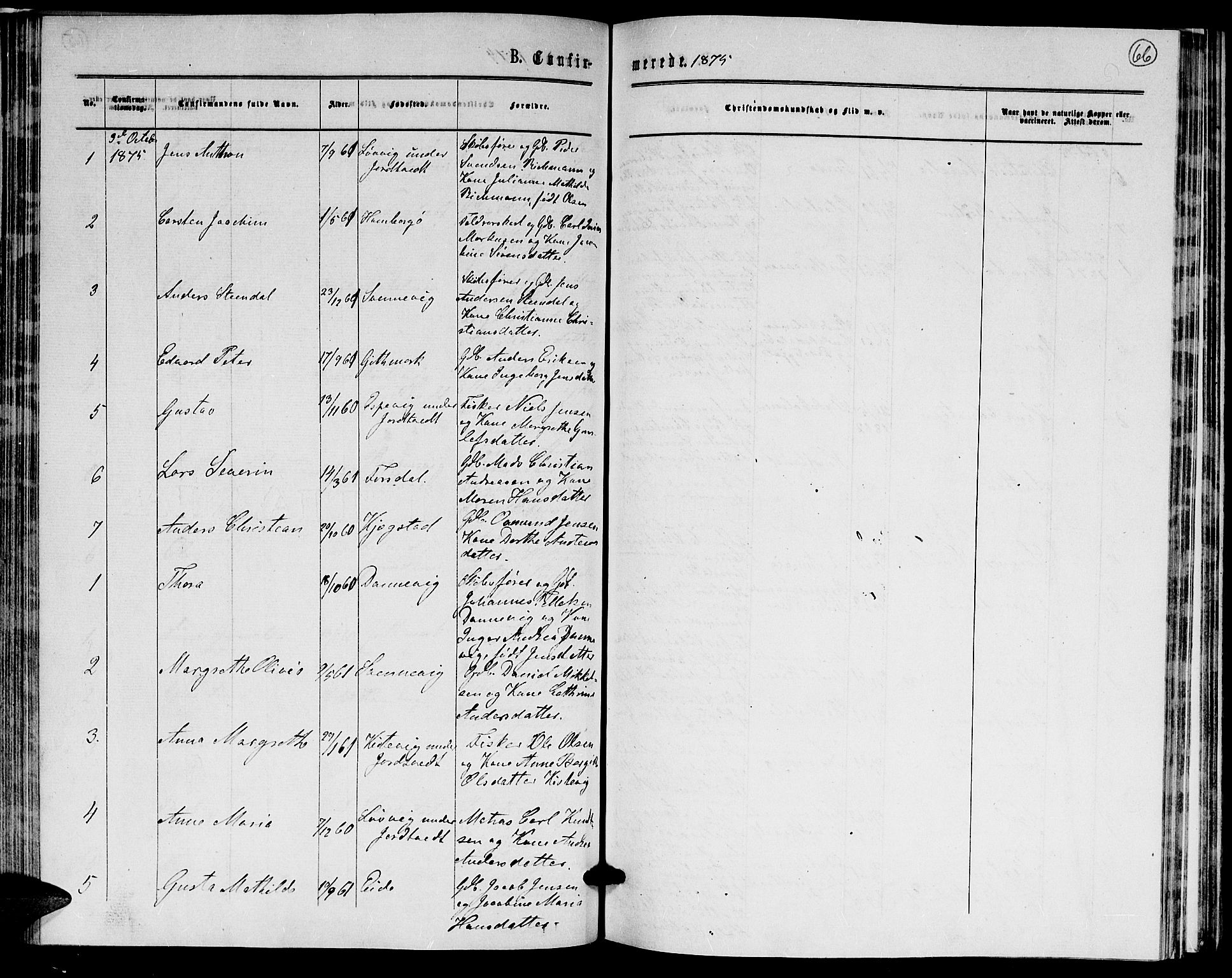 Hommedal sokneprestkontor, AV/SAK-1111-0023/F/Fb/Fba/L0003: Parish register (copy) no. B 3, 1863-1884, p. 66