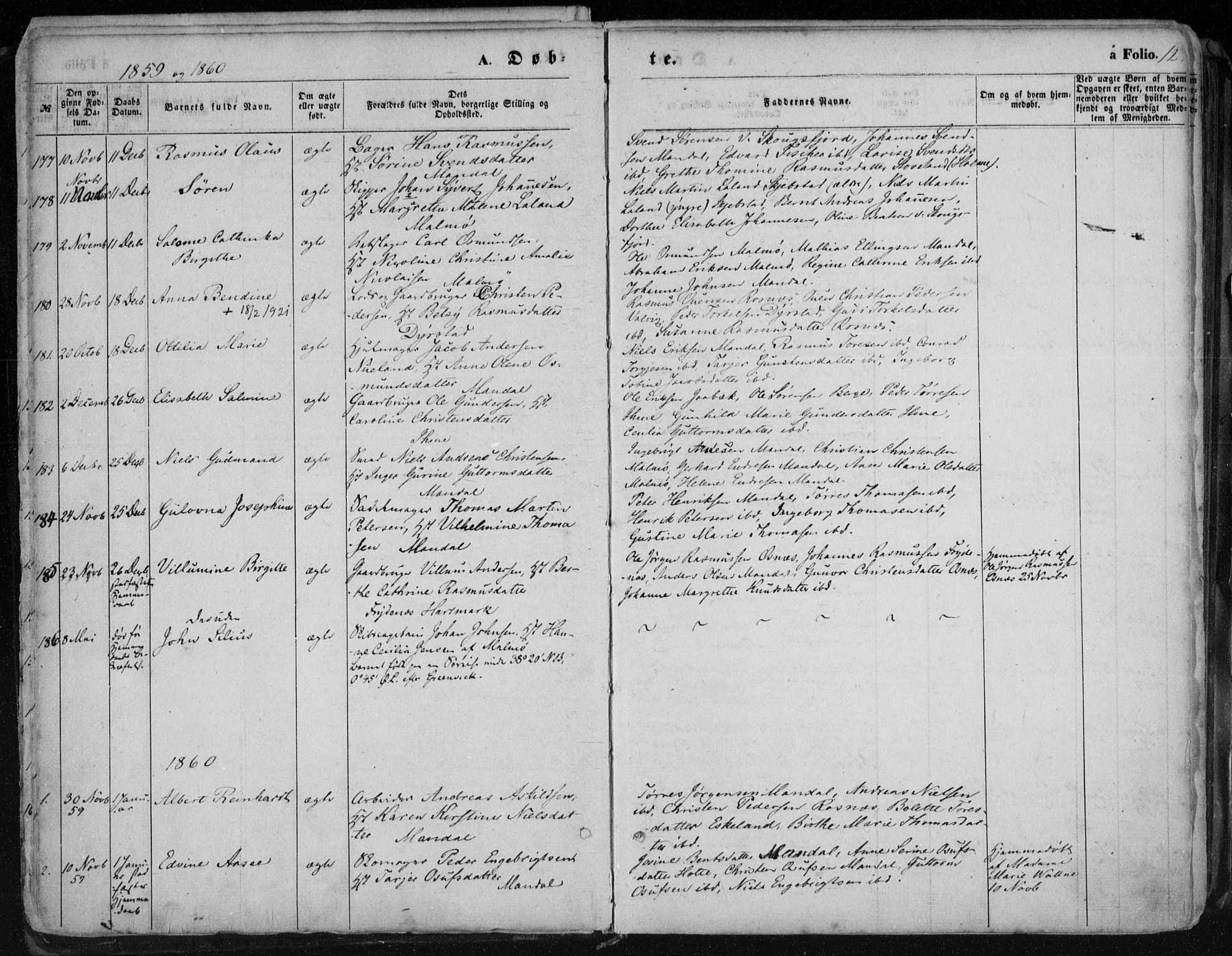 Mandal sokneprestkontor, AV/SAK-1111-0030/F/Fa/Faa/L0014: Parish register (official) no. A 14, 1859-1872, p. 12