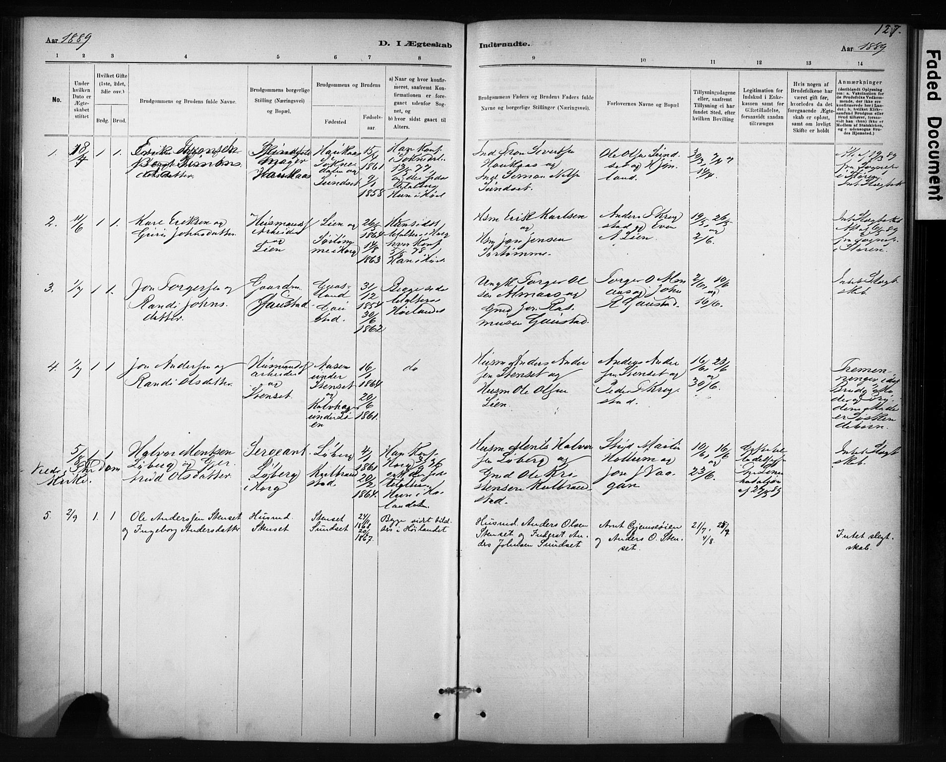 Ministerialprotokoller, klokkerbøker og fødselsregistre - Sør-Trøndelag, SAT/A-1456/694/L1127: Parish register (official) no. 694A01, 1887-1905, p. 127