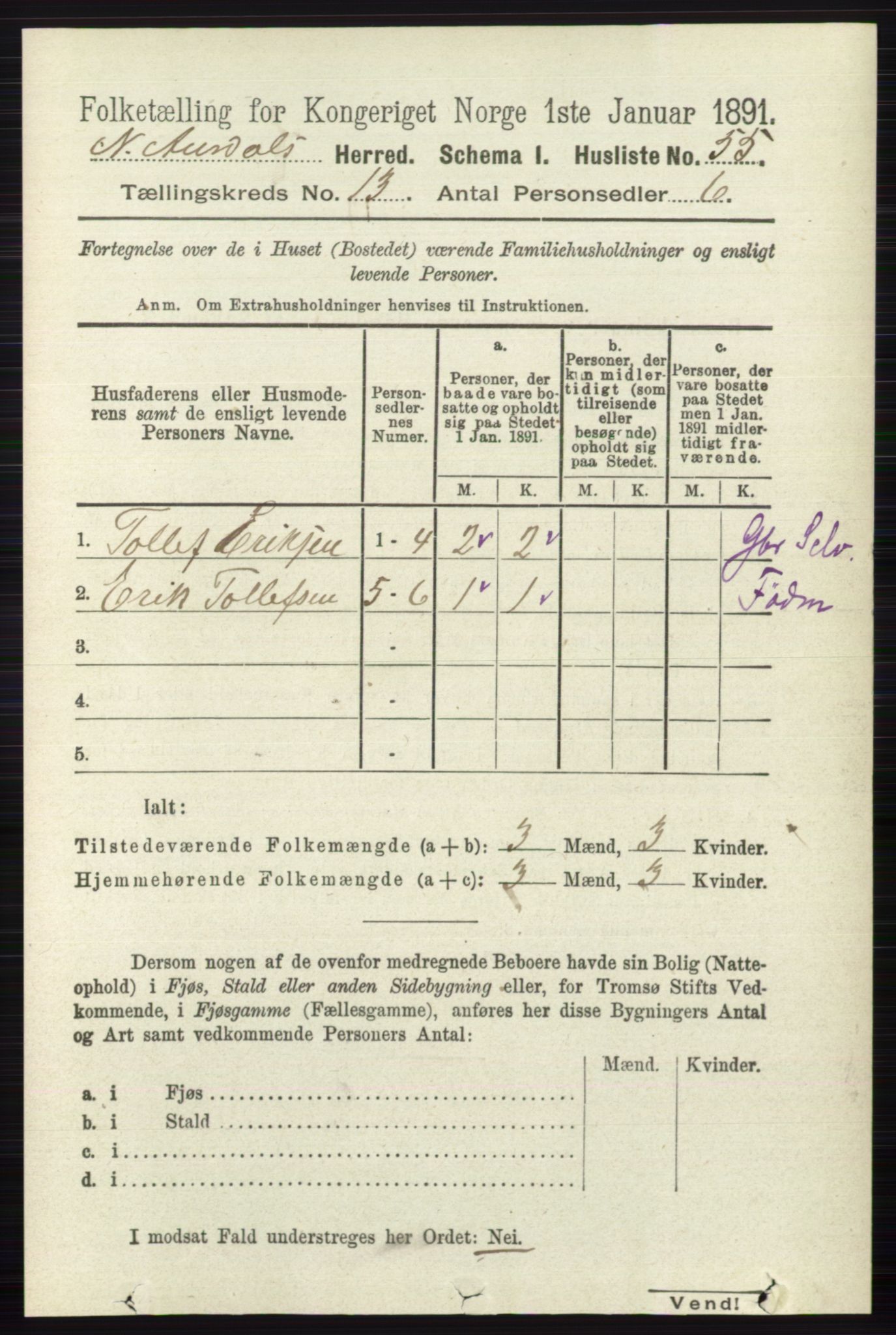 RA, 1891 census for 0542 Nord-Aurdal, 1891, p. 4750