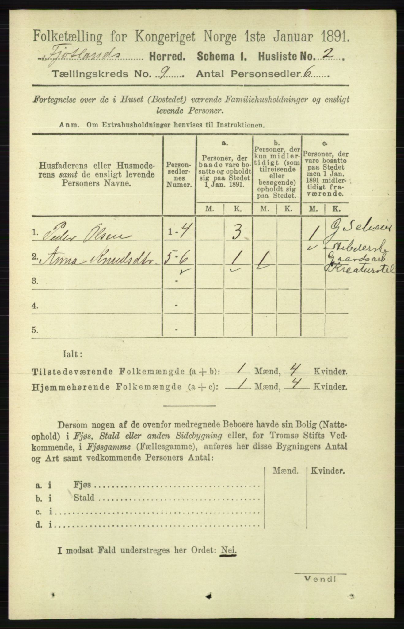 RA, 1891 census for 1036 Fjotland, 1891, p. 1282