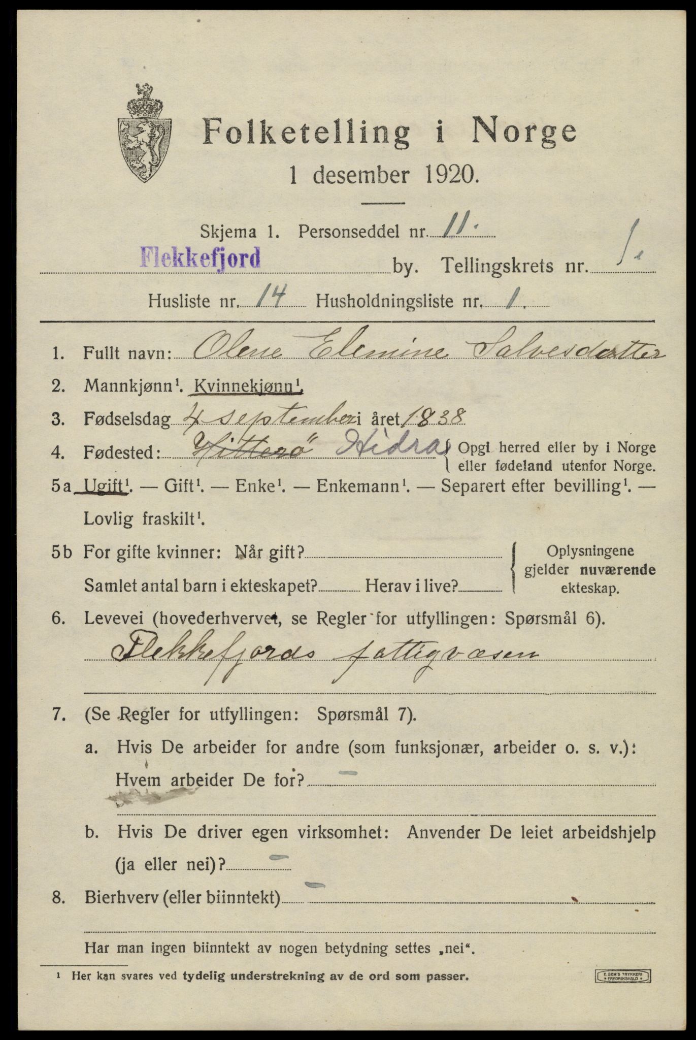 SAK, 1920 census for Flekkefjord, 1920, p. 2016