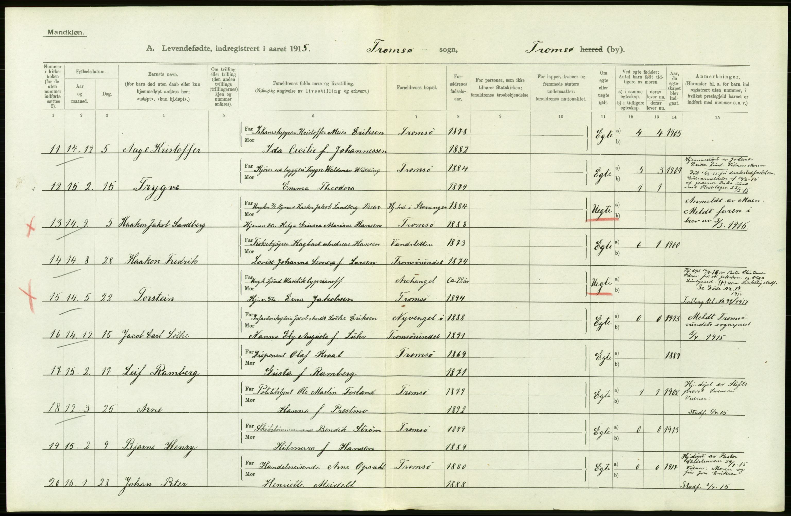 Statistisk sentralbyrå, Sosiodemografiske emner, Befolkning, AV/RA-S-2228/D/Df/Dfb/Dfbe/L0051: Tromsø amt: Levendefødte menn og kvinner. Bygder og byer., 1915, p. 34