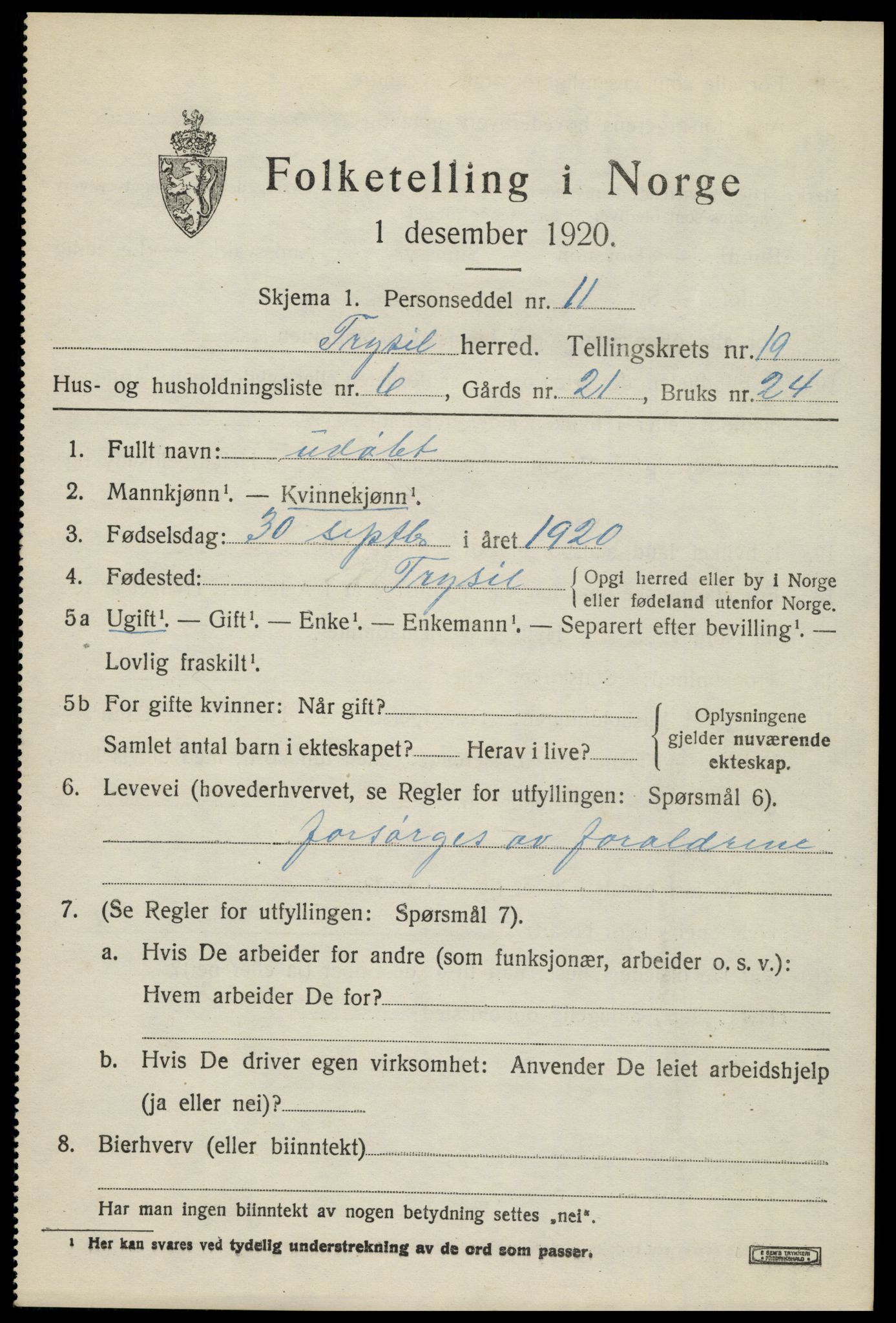 SAH, 1920 census for Trysil, 1920, p. 12791
