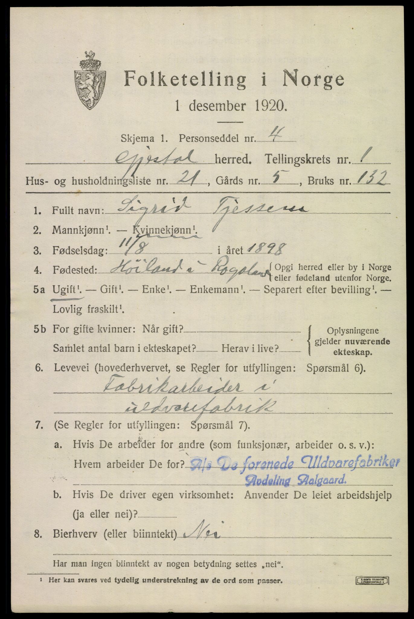 SAST, 1920 census for Gjesdal, 1920, p. 924