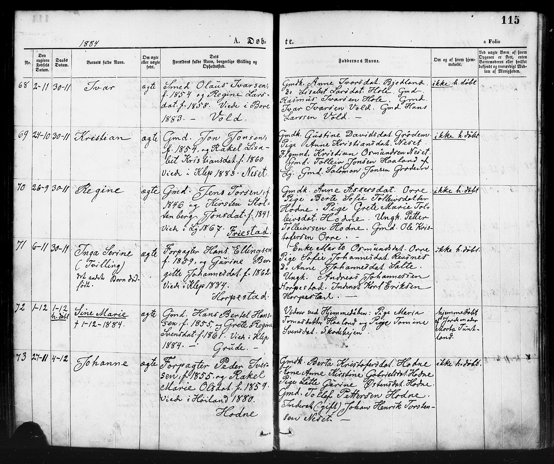 Klepp sokneprestkontor, SAST/A-101803/001/3/30BA/L0006: Parish register (official) no. A 6, 1871-1885, p. 115