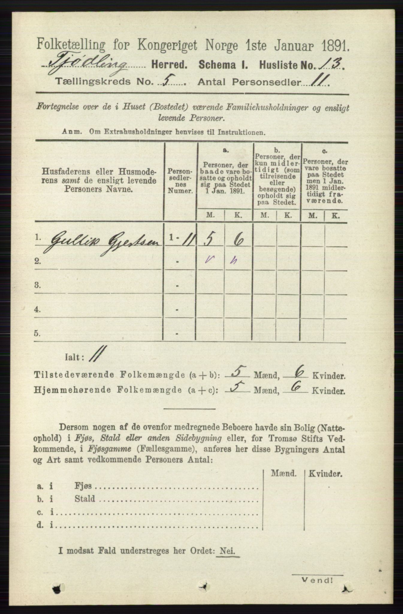 RA, 1891 census for 0725 Tjølling, 1891, p. 1848