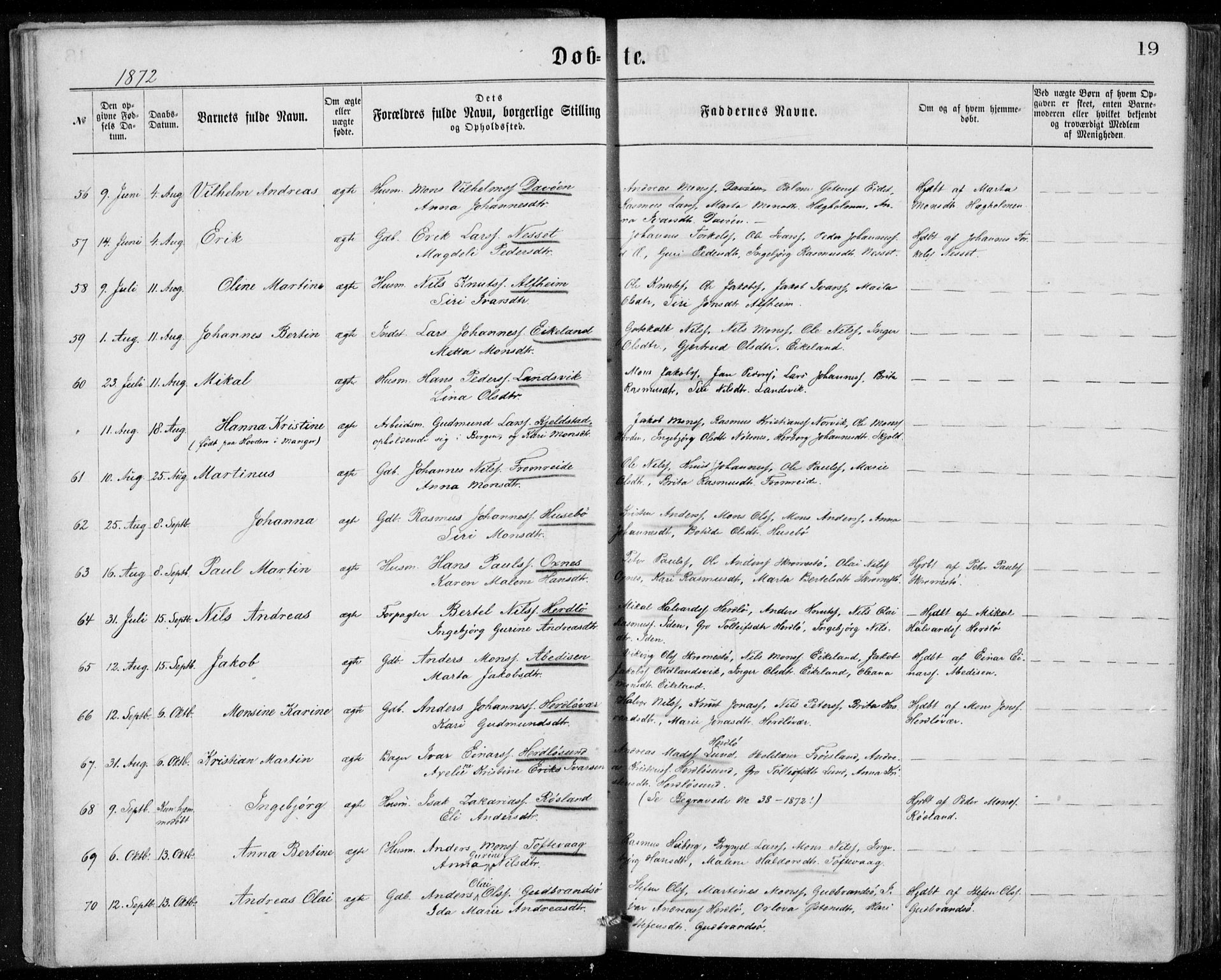 Herdla Sokneprestembete, AV/SAB-A-75701/H/Haa: Parish register (official) no. A 2, 1869-1877, p. 19