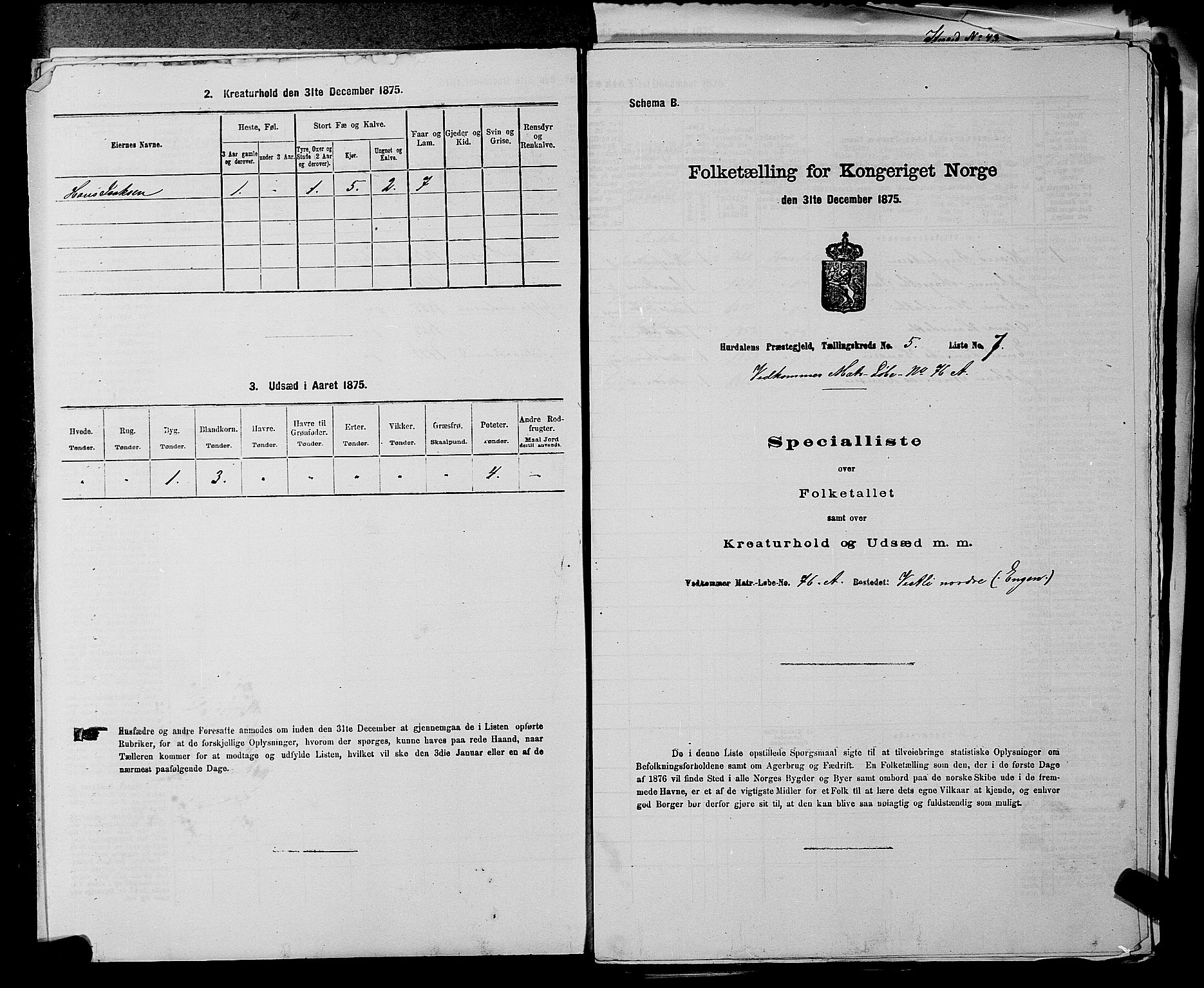 RA, 1875 census for 0239P Hurdal, 1875, p. 736