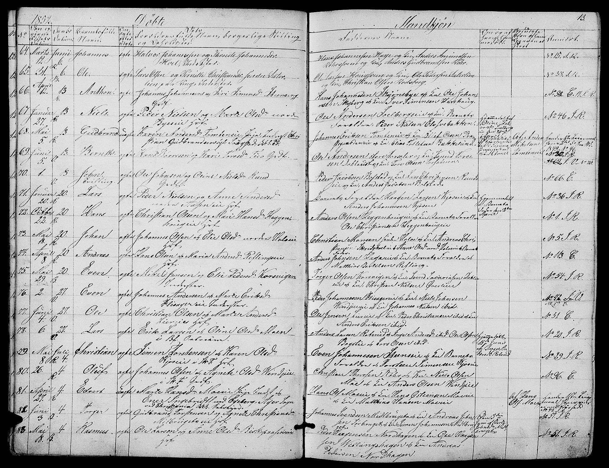 Ringsaker prestekontor, AV/SAH-PREST-014/L/La/L0006: Parish register (copy) no. 6, 1851-1860, p. 13