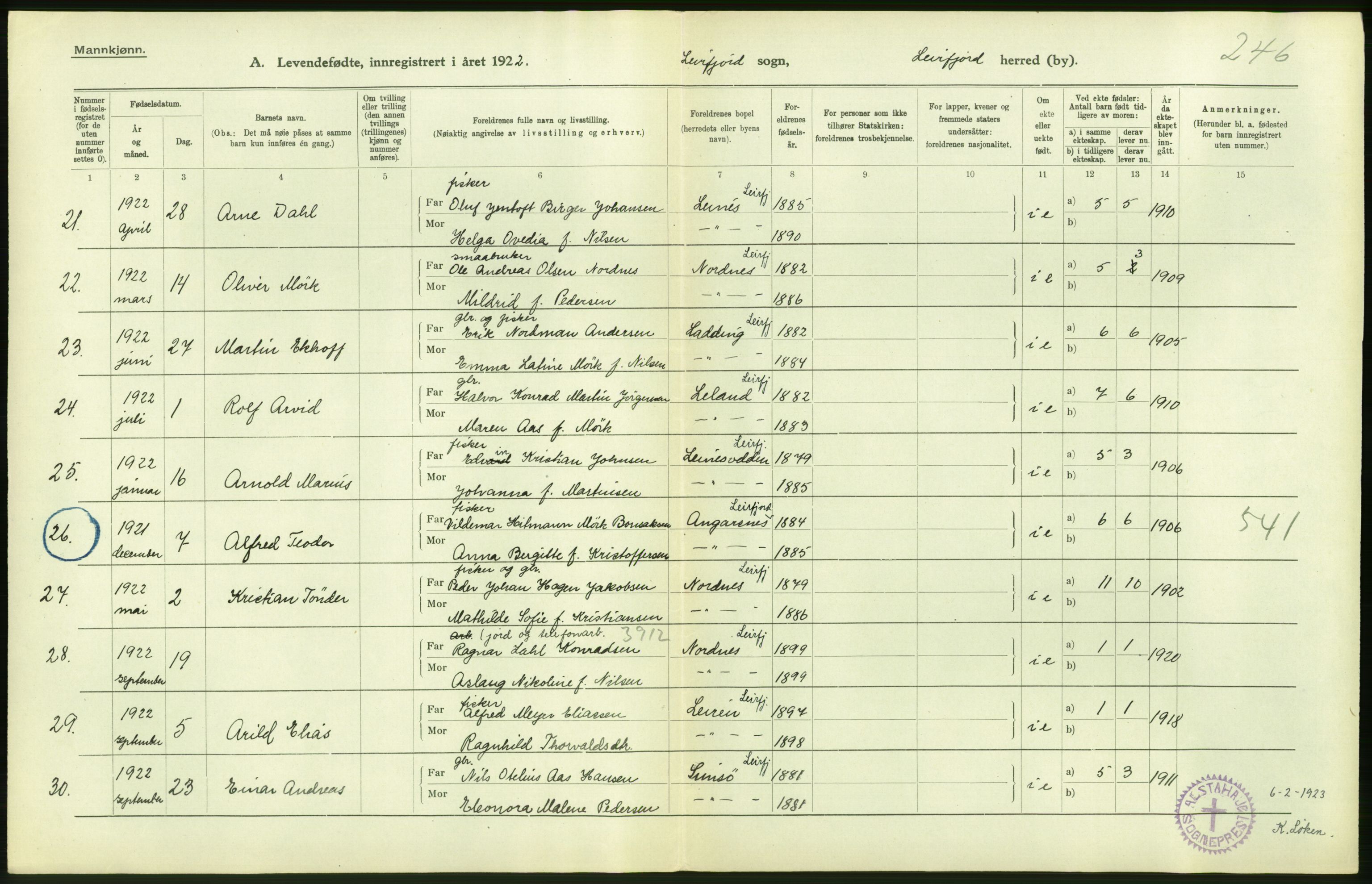 Statistisk sentralbyrå, Sosiodemografiske emner, Befolkning, AV/RA-S-2228/D/Df/Dfc/Dfcb/L0044: Nordland fylke: Levendefødte menn og kvinner. Bygder og byer., 1922, p. 168